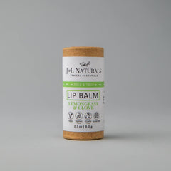 Lip balm tube with brown cardboard top, white label, and J&L Naturals branding