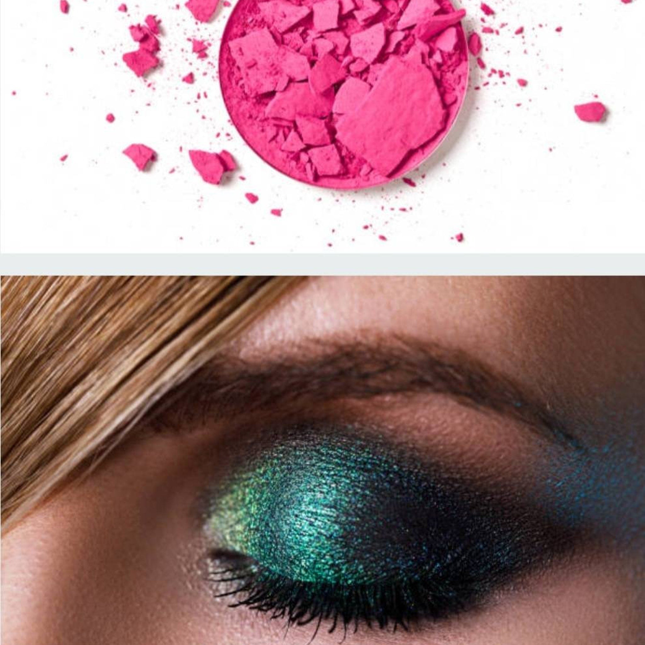 Side view of 35-color eyeshadow palette showing rectangular pans with matte and shimmer finishes in warm and cool tones