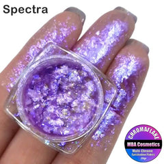 Close-up of Chromaflake Spectra Eyeshadow Flakes in a glass jar showcasing iridescent multicolor shimmer particles