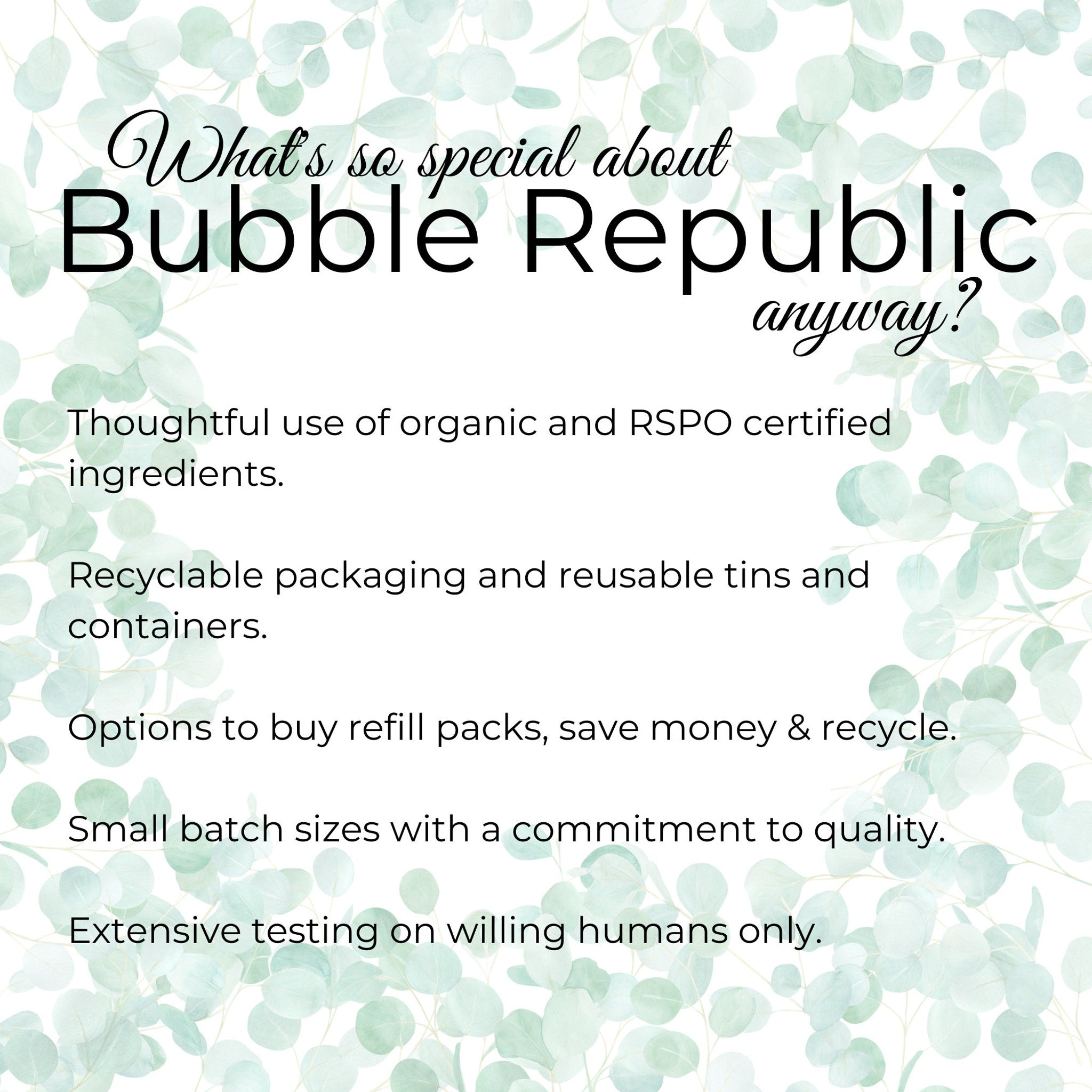 Bubble Republic graphic with white background, green foliage pattern, and black text describing product features