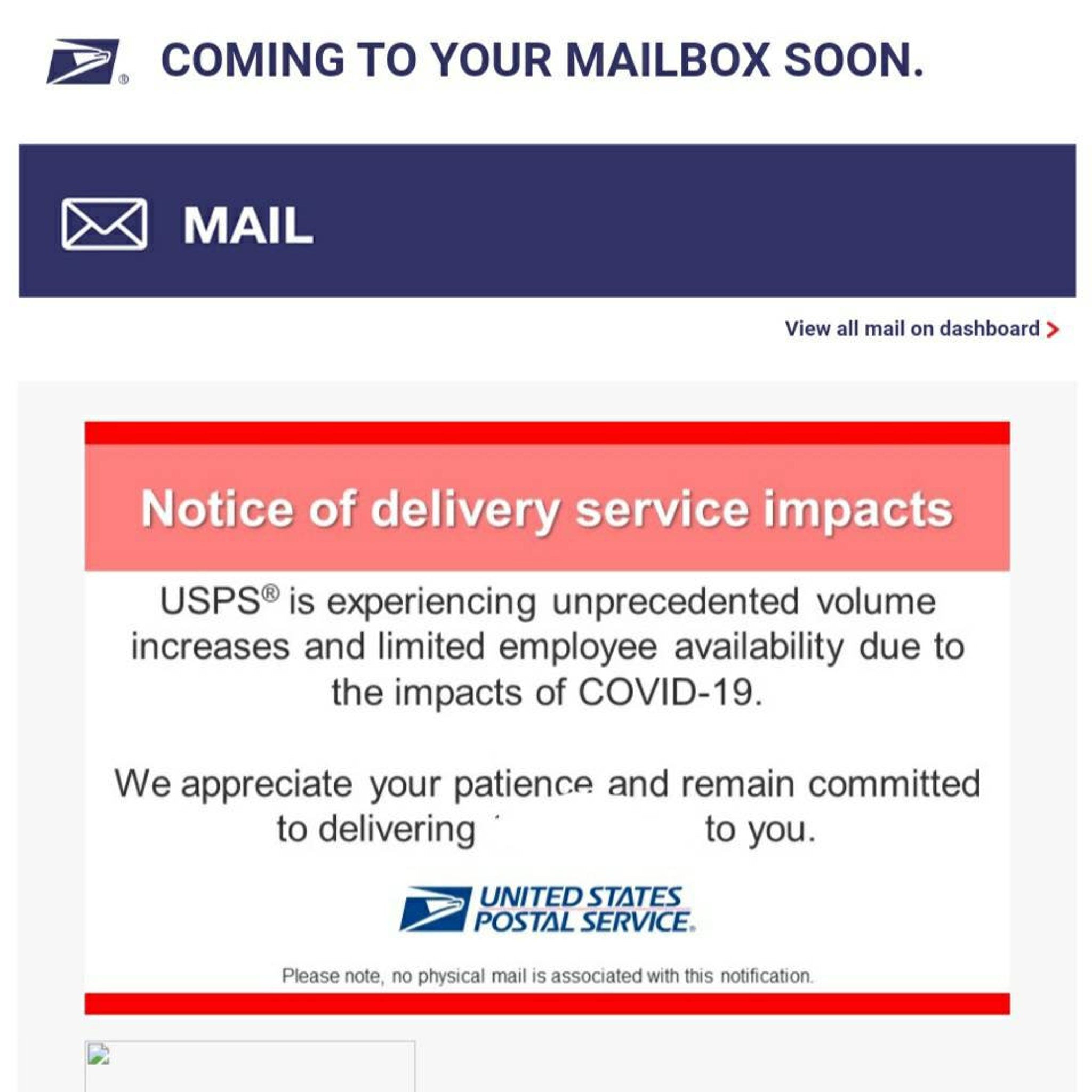 USPS mail notification with red and blue accents, white text, and United States Postal Service logo