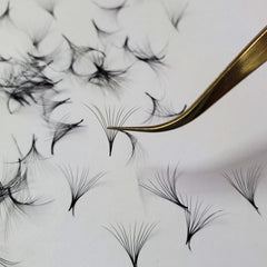 Eyelash extensions, black synthetic, fan style, held by gold tweezers