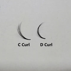 Eyelash curls, black synthetic fibers, C Curl and D Curl comparison, Kimeyelashes text visible