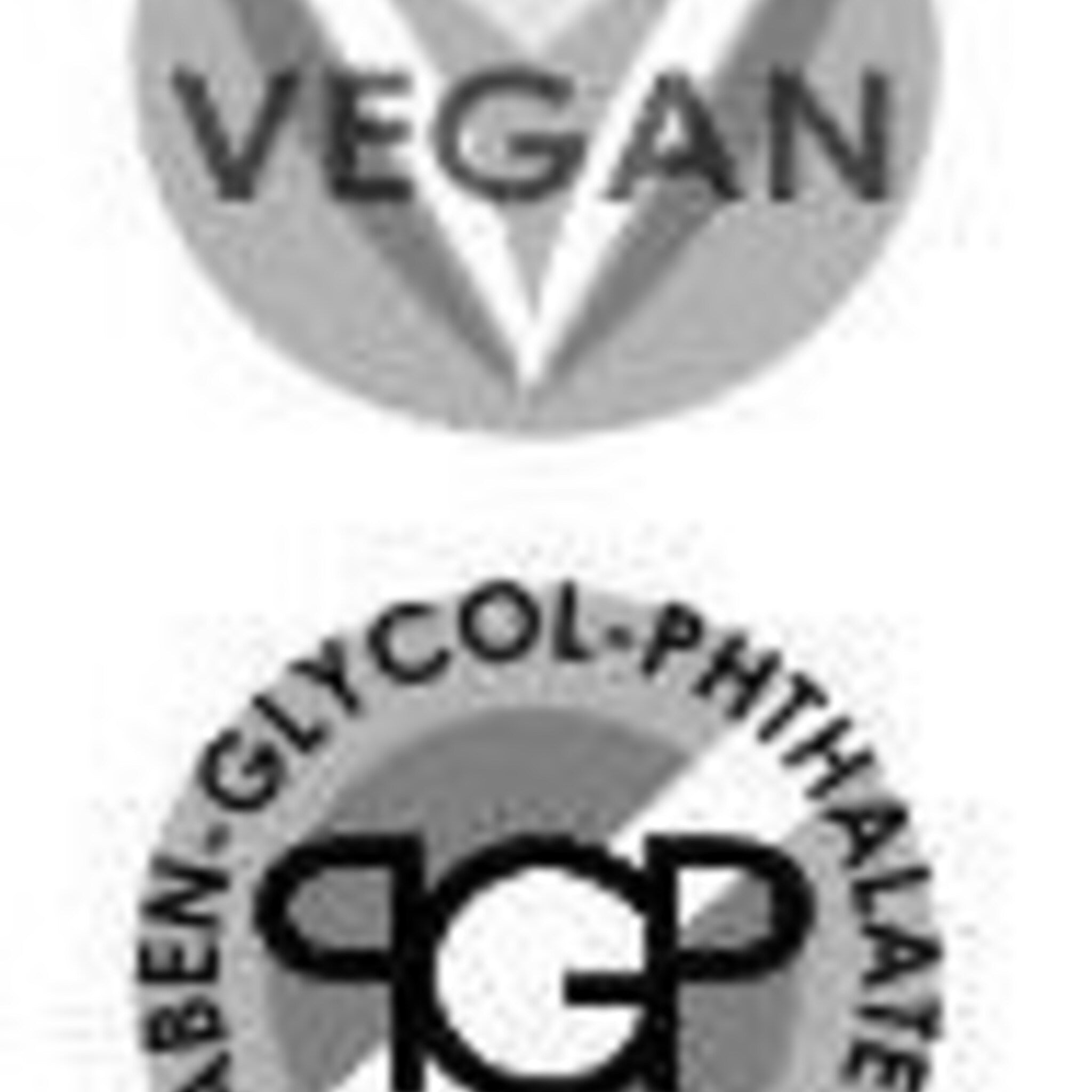 Vegan and GCP symbols in black and white, circular design with text labels for product information