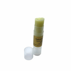 Lip balm stick with yellow balm, clear plastic tube, and label reading "Salvatore