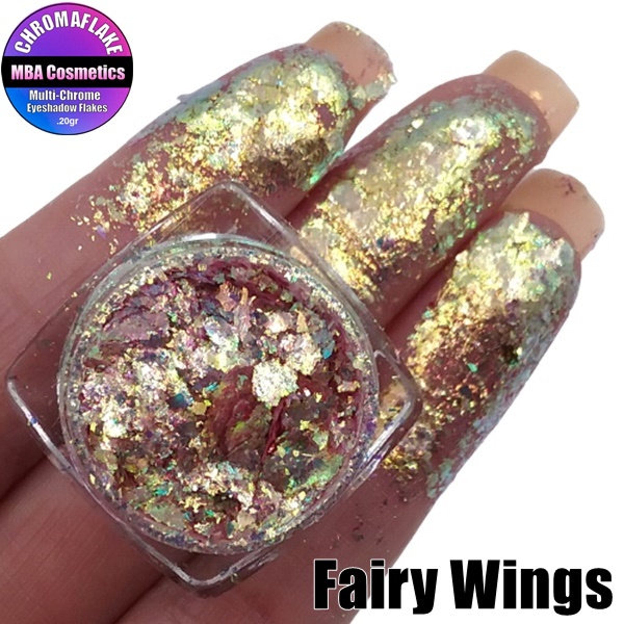Close-up of iridescent pink and blue chromaflake eyeshadow with sparkling glitter particles