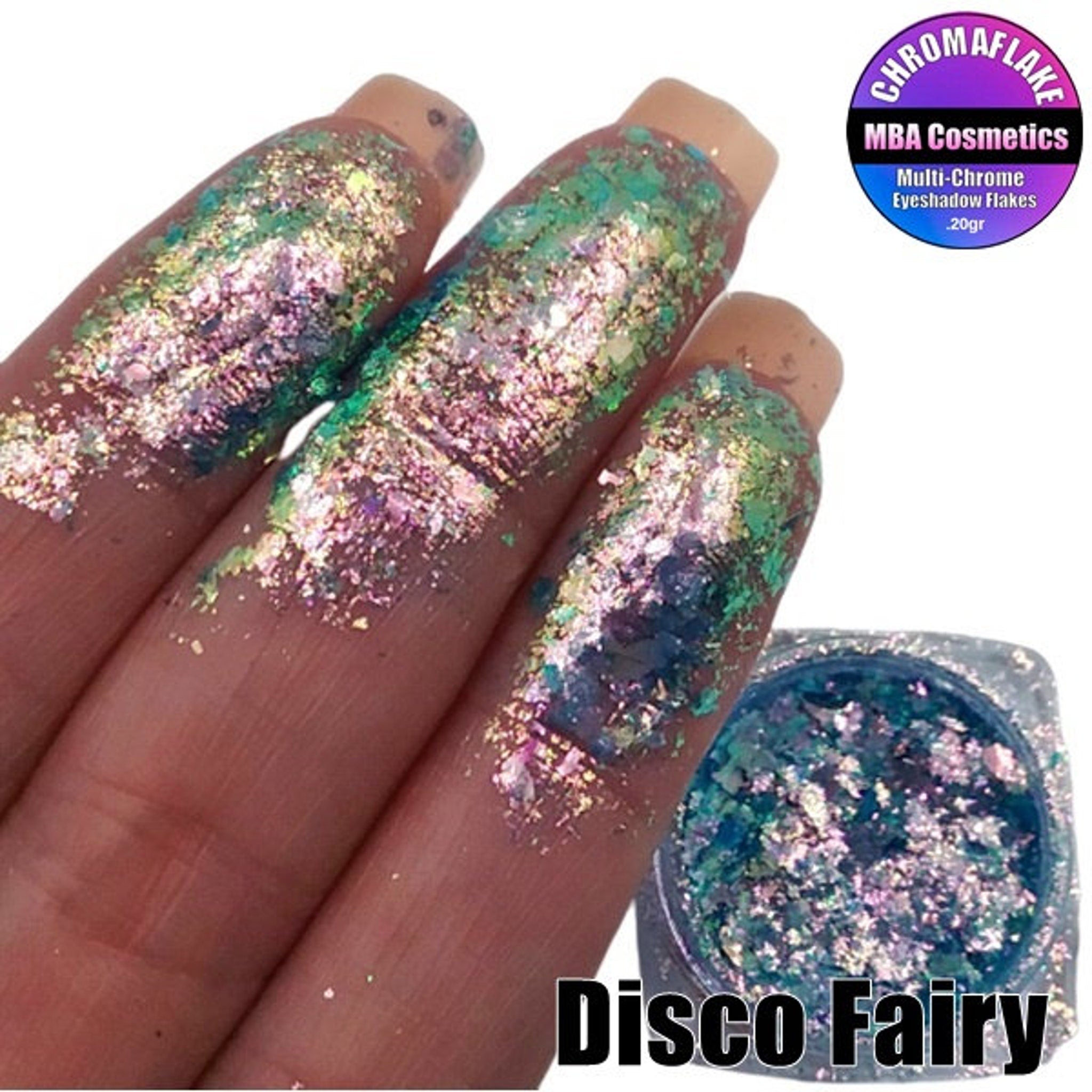 Close-up of iridescent pink and blue chromaflake eyeshadow with sparkling glitter particles