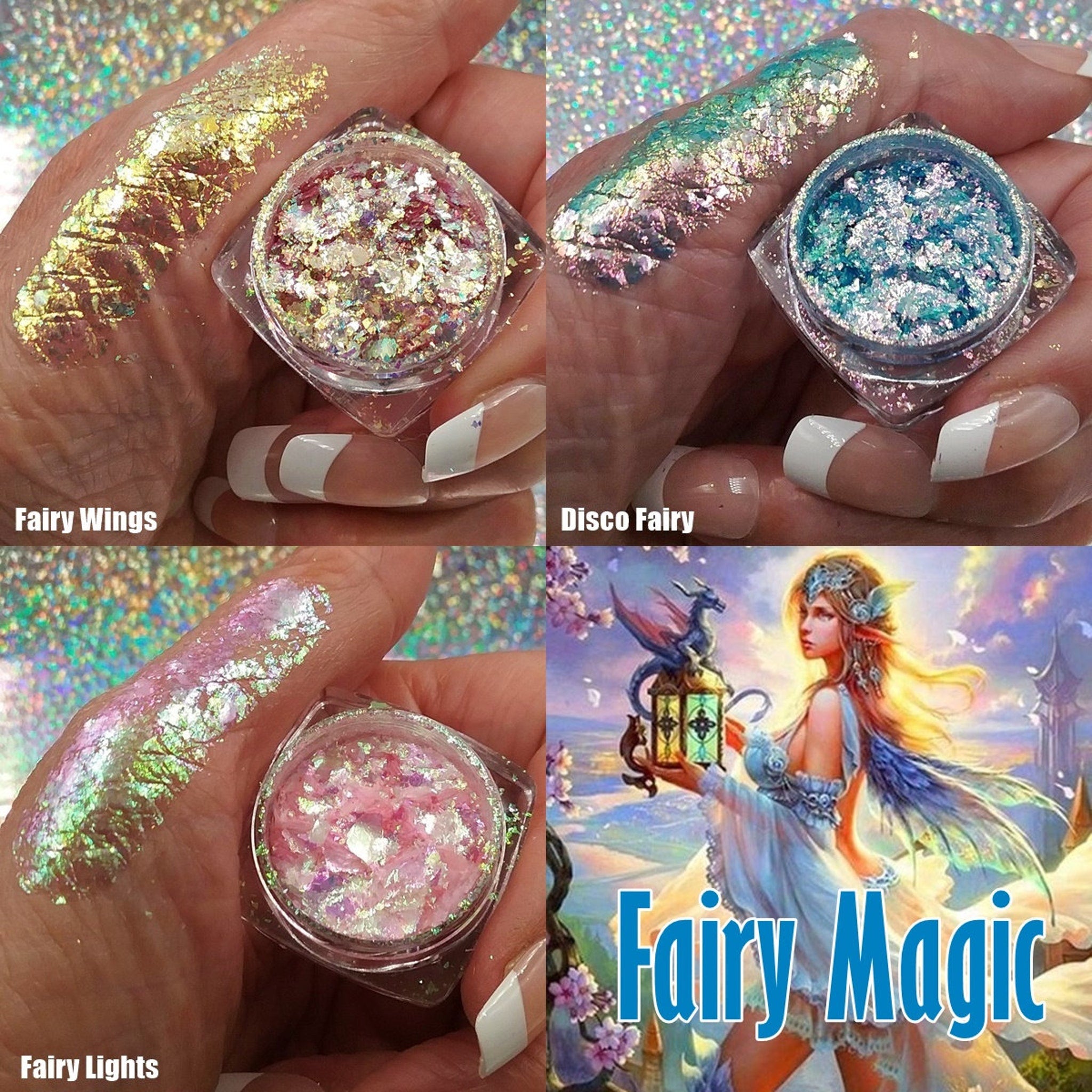 Fairy Magic Chromaflake Eyeshadow palette with iridescent pink, purple, and teal shimmery powders in sleek black compact