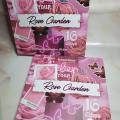 Side view of Sunflower Rose Garden eyeshadow palette showing rose gold case with floral design and open layout