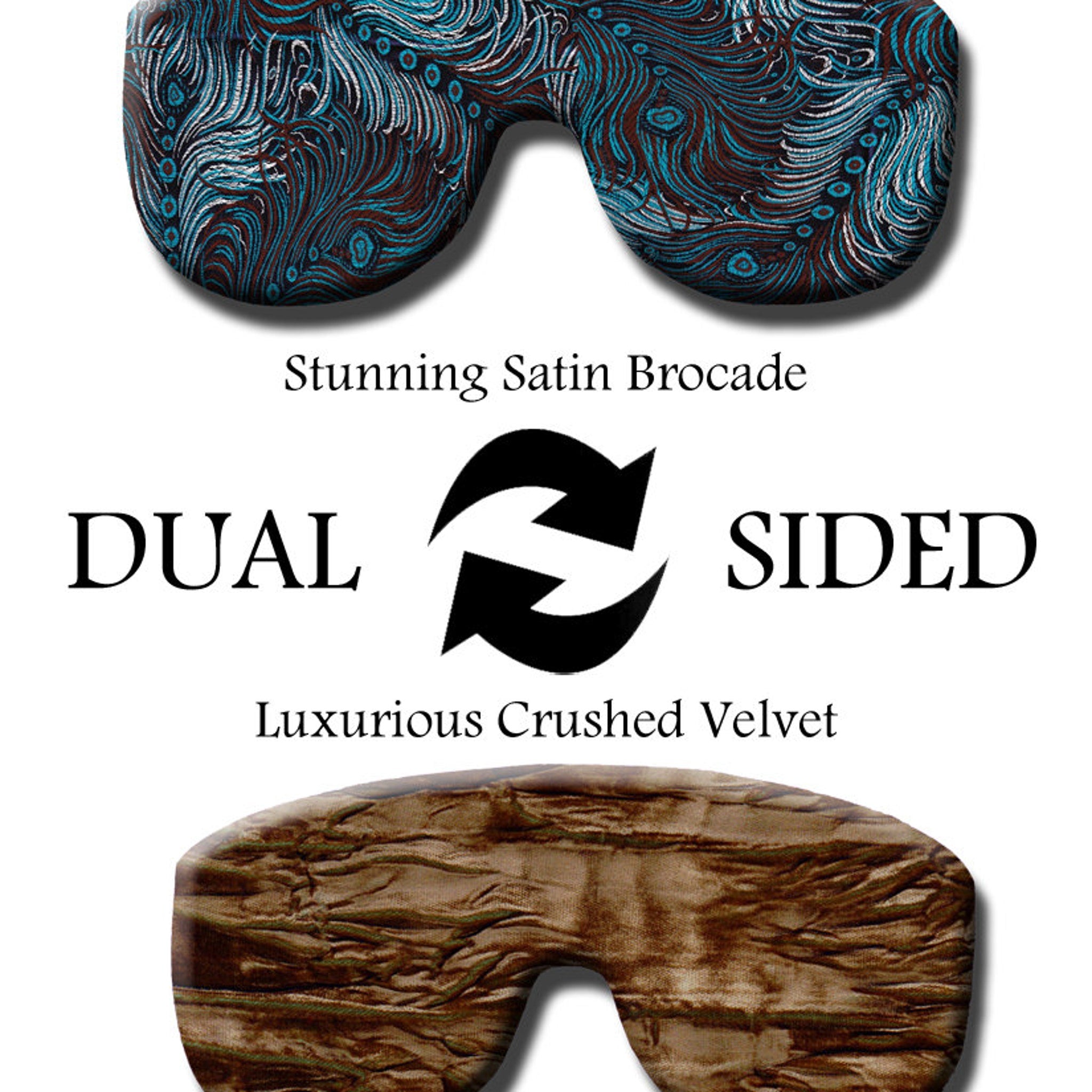 Dual-sided eye mask with blue and brown patterned satin and brown crushed velvet material