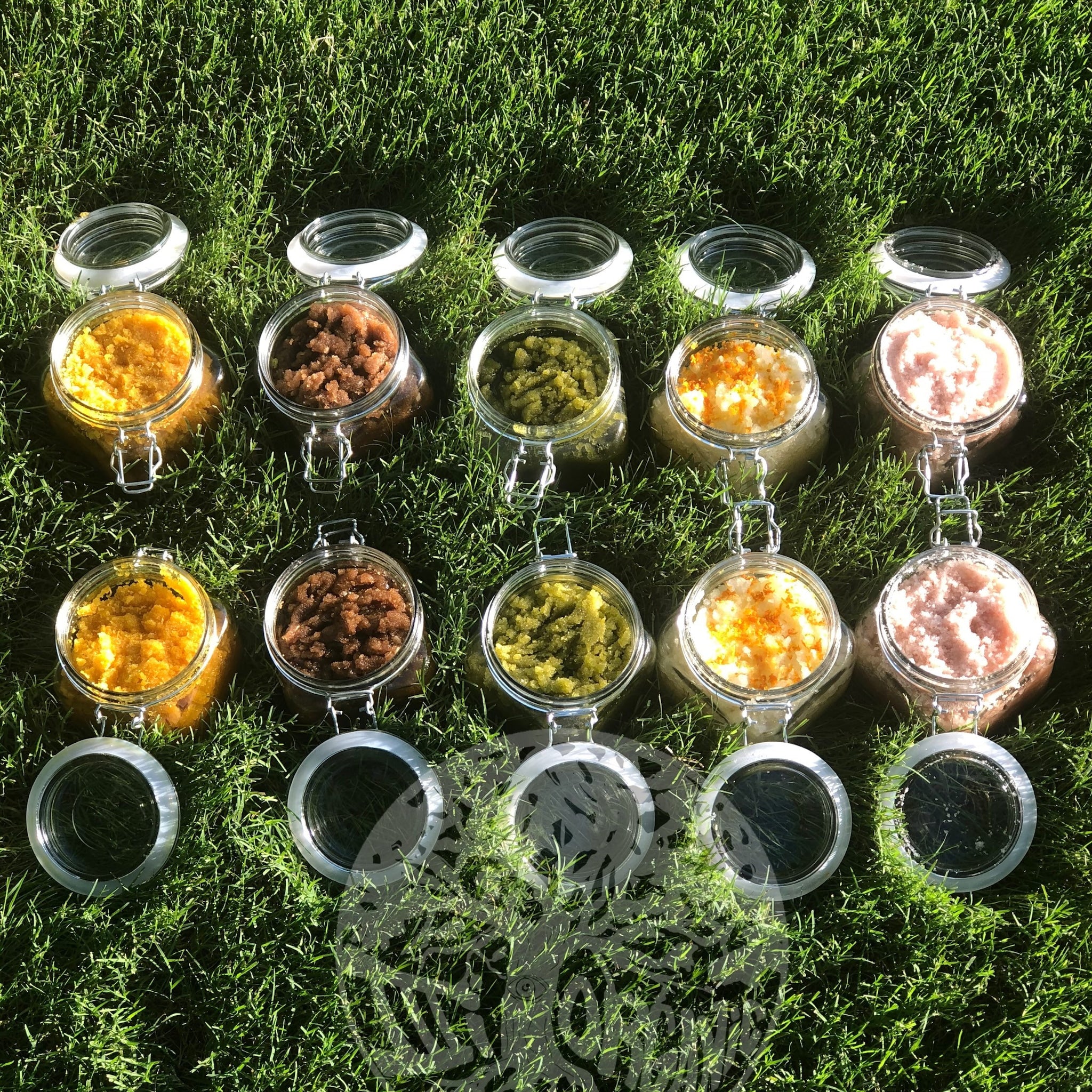Body scrubs in glass jars, various colors and textures, on green grass background