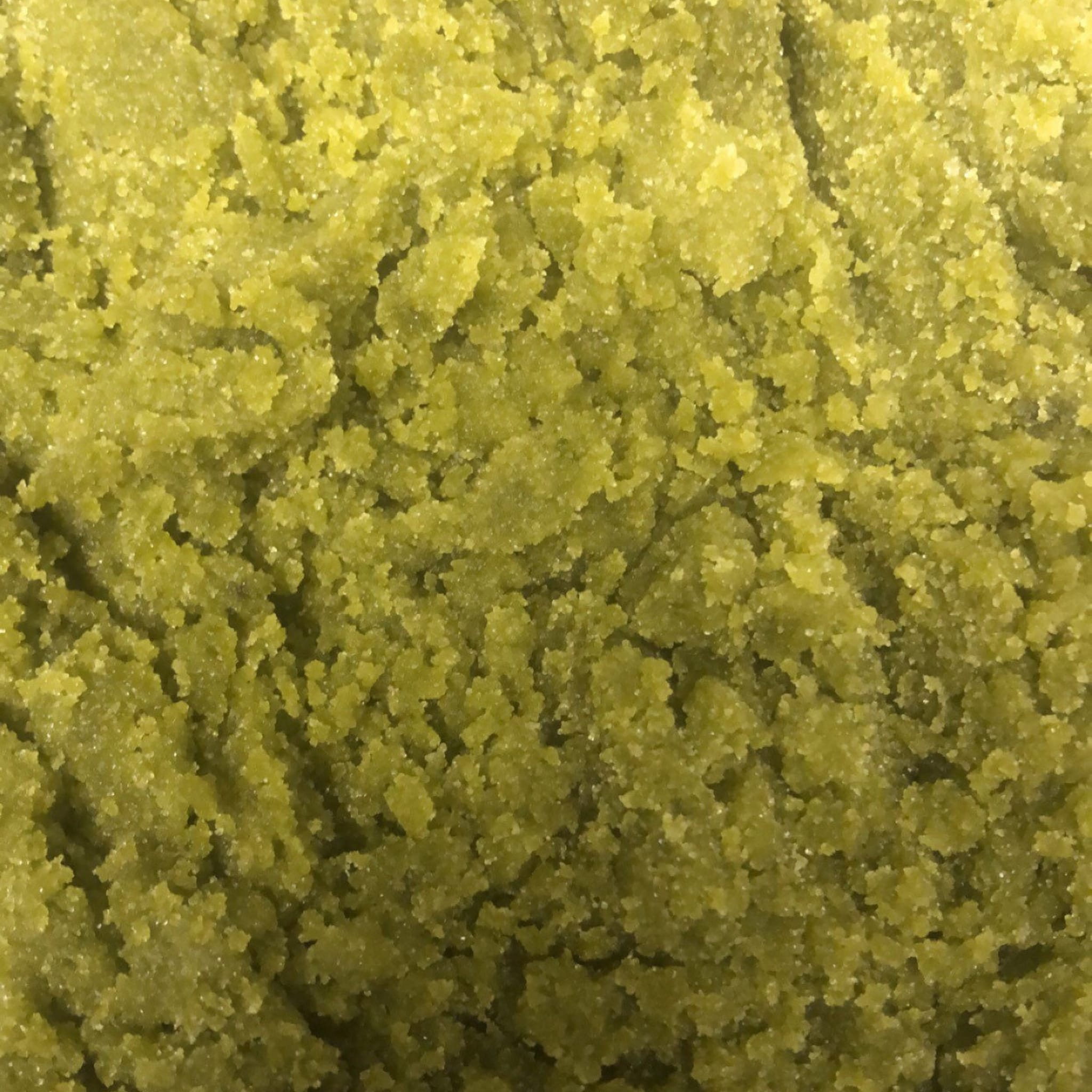 Green granular substance with a textured surface and small white specks