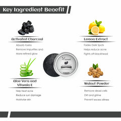 Activated charcoal, black powder, white container, KOHAR brand face scrub ingredients