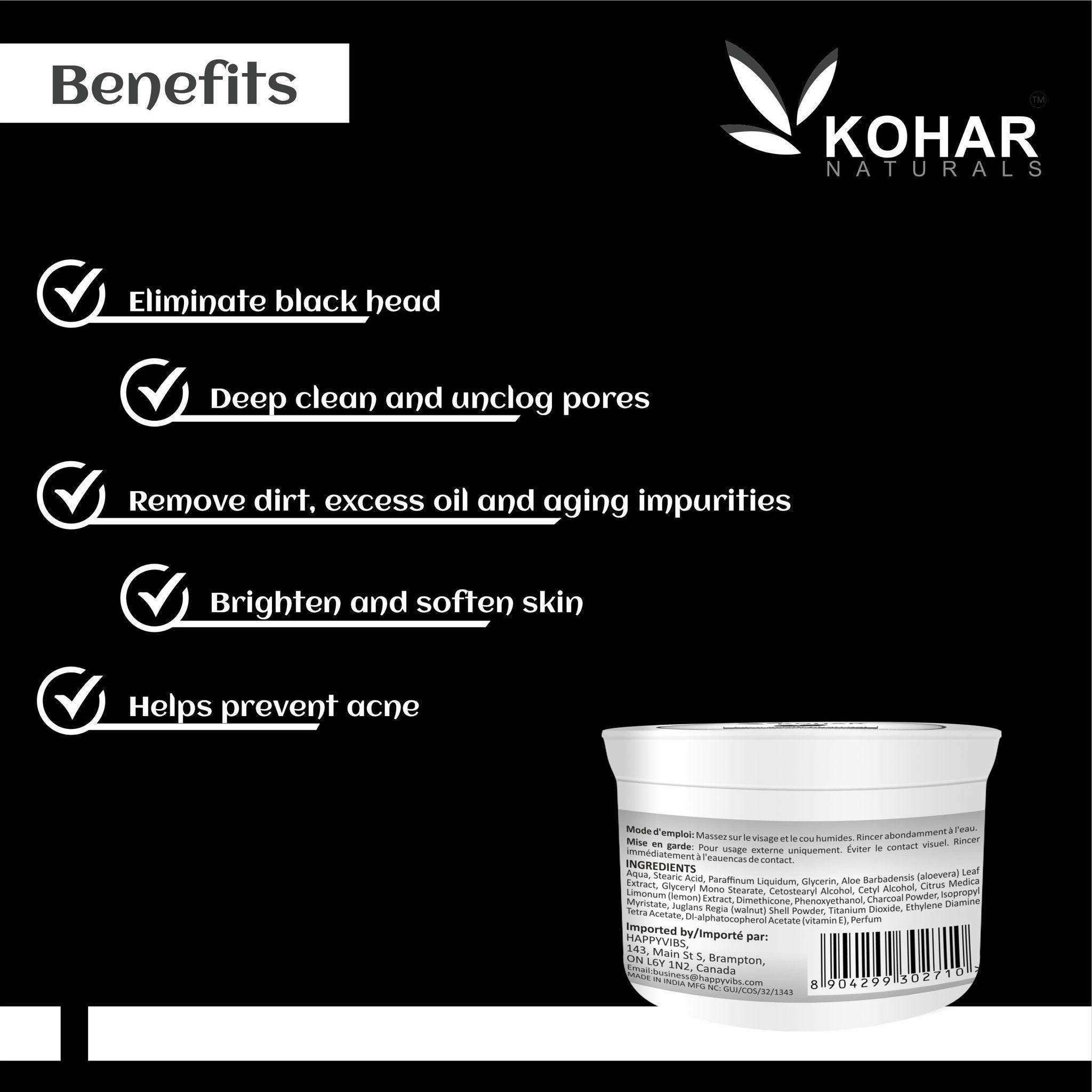 KOHAR NATURALS product benefits on black background with white text and a white container