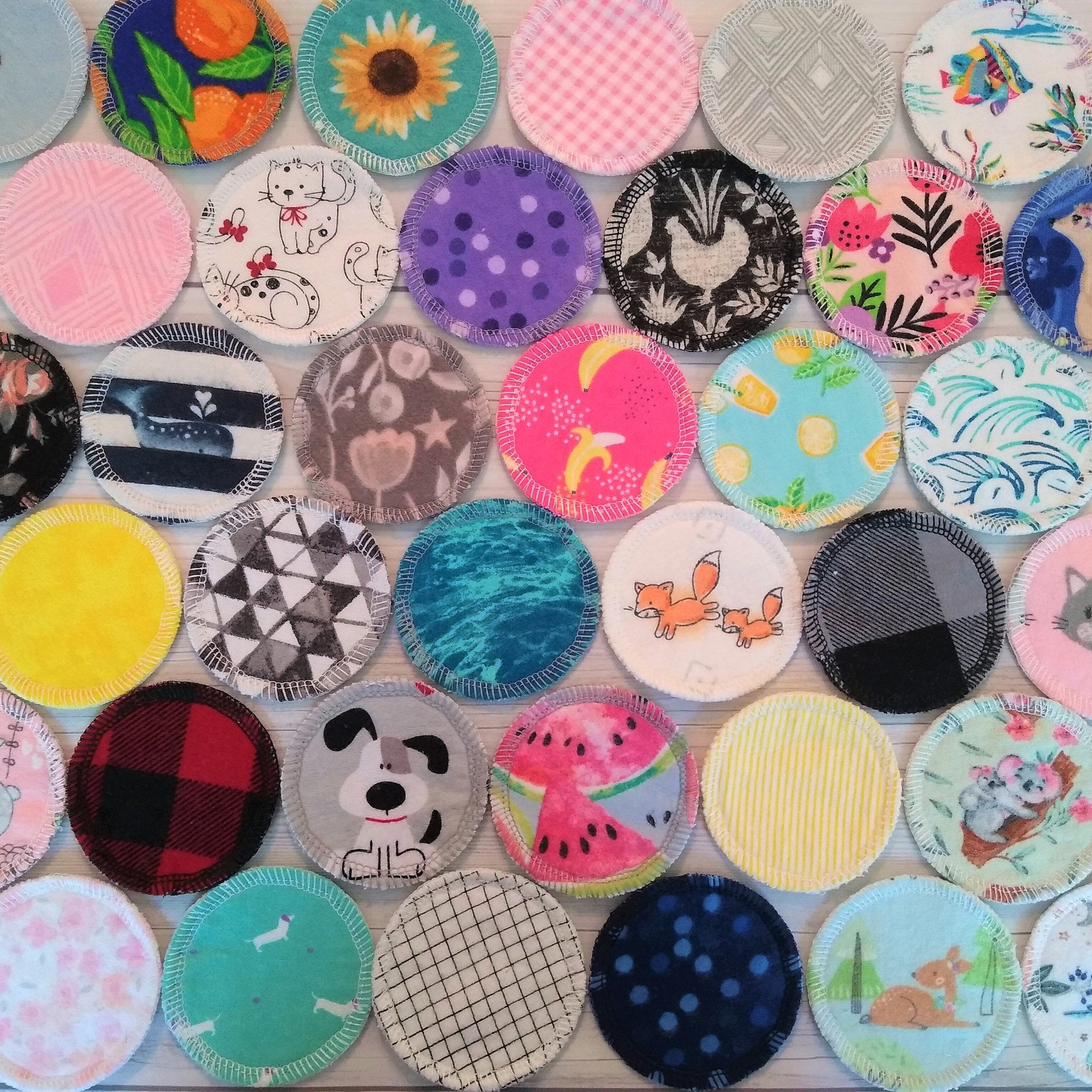 Reusable cotton rounds in assorted patterns and colors, flannel material, for face care