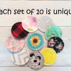 Reusable facial rounds with various patterns and colors, round shape, and white stitching