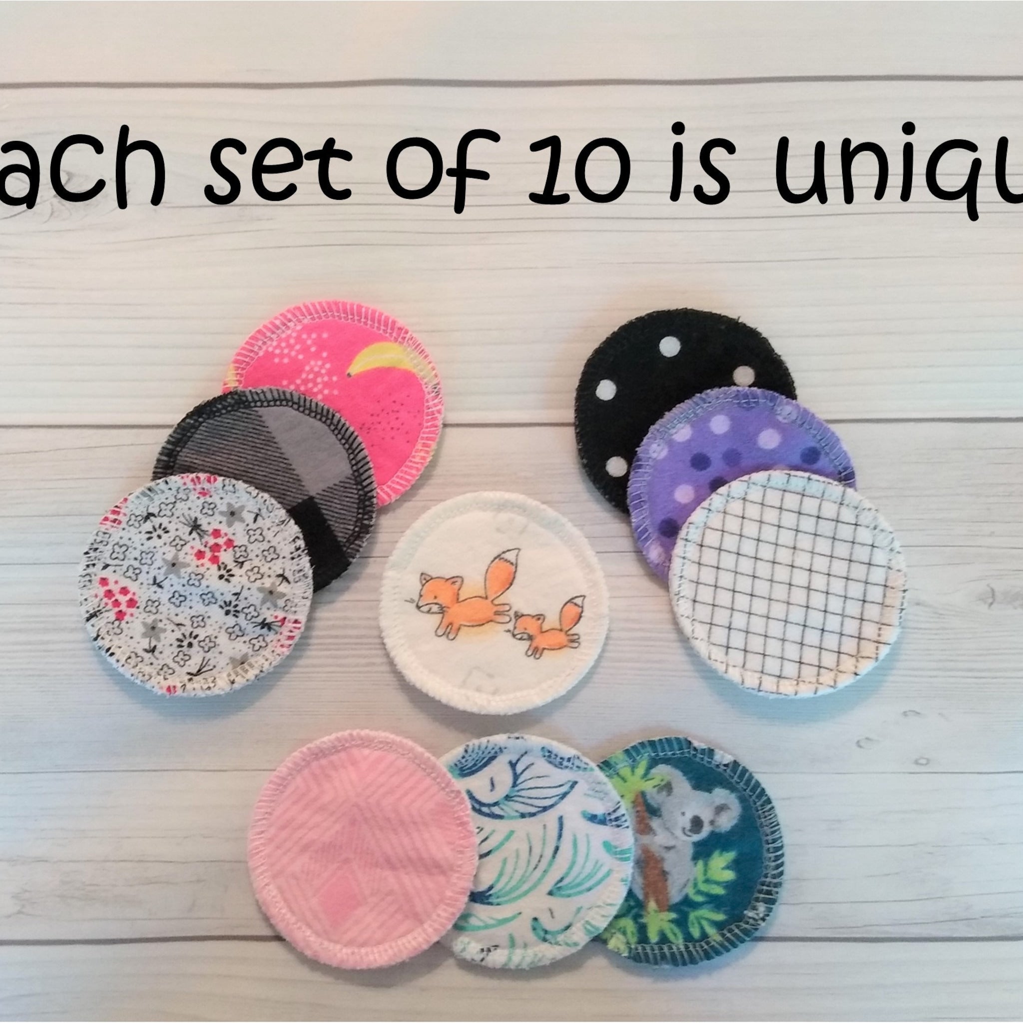 Reusable facial rounds with assorted patterns and colors, various designs shown