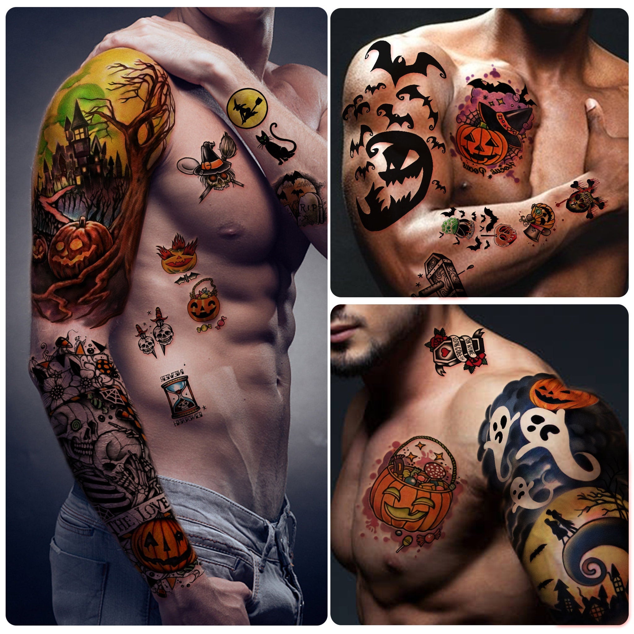 Elegant black-and-gold Halloween tattoo sheets with delicate skull designs, arranged neatly on skincare packaging