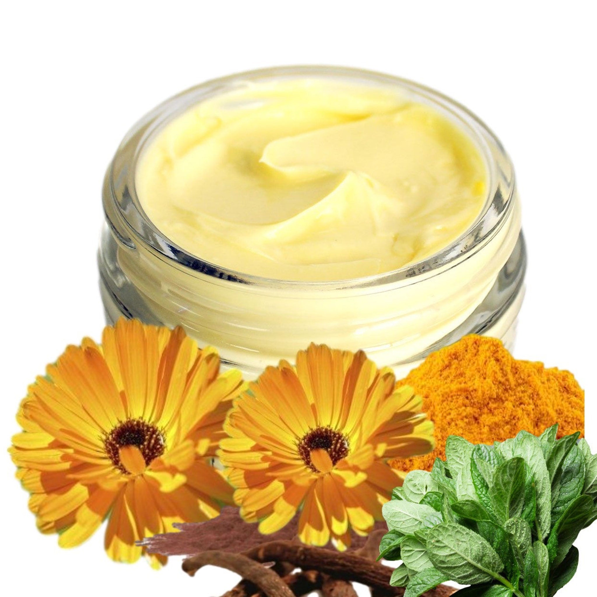 Anti-itch cream in glass jar, yellow cream, orange flowers, and herbs in a composition