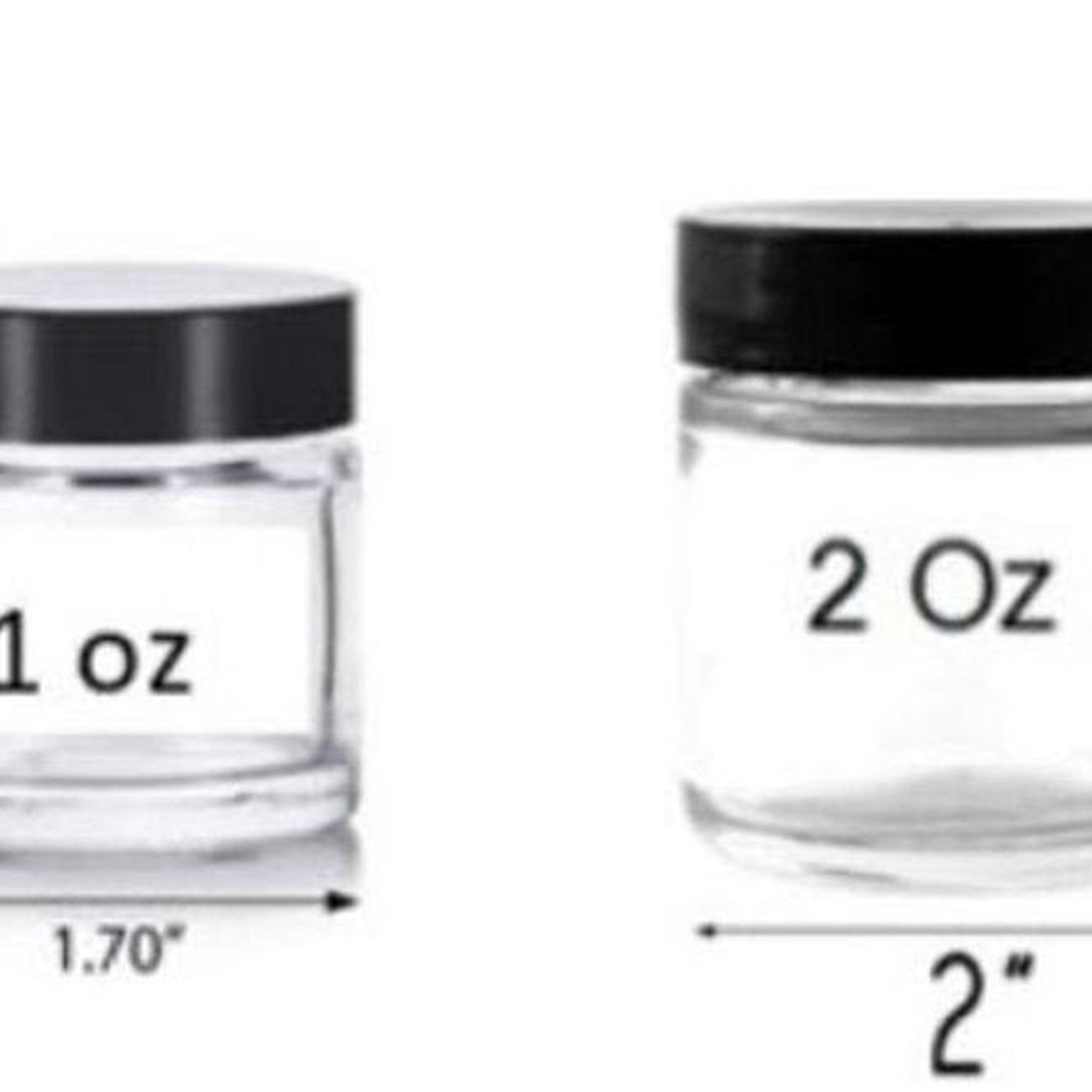 Glass jars with black lids, clear glass, and size labels 1 oz and 2 oz