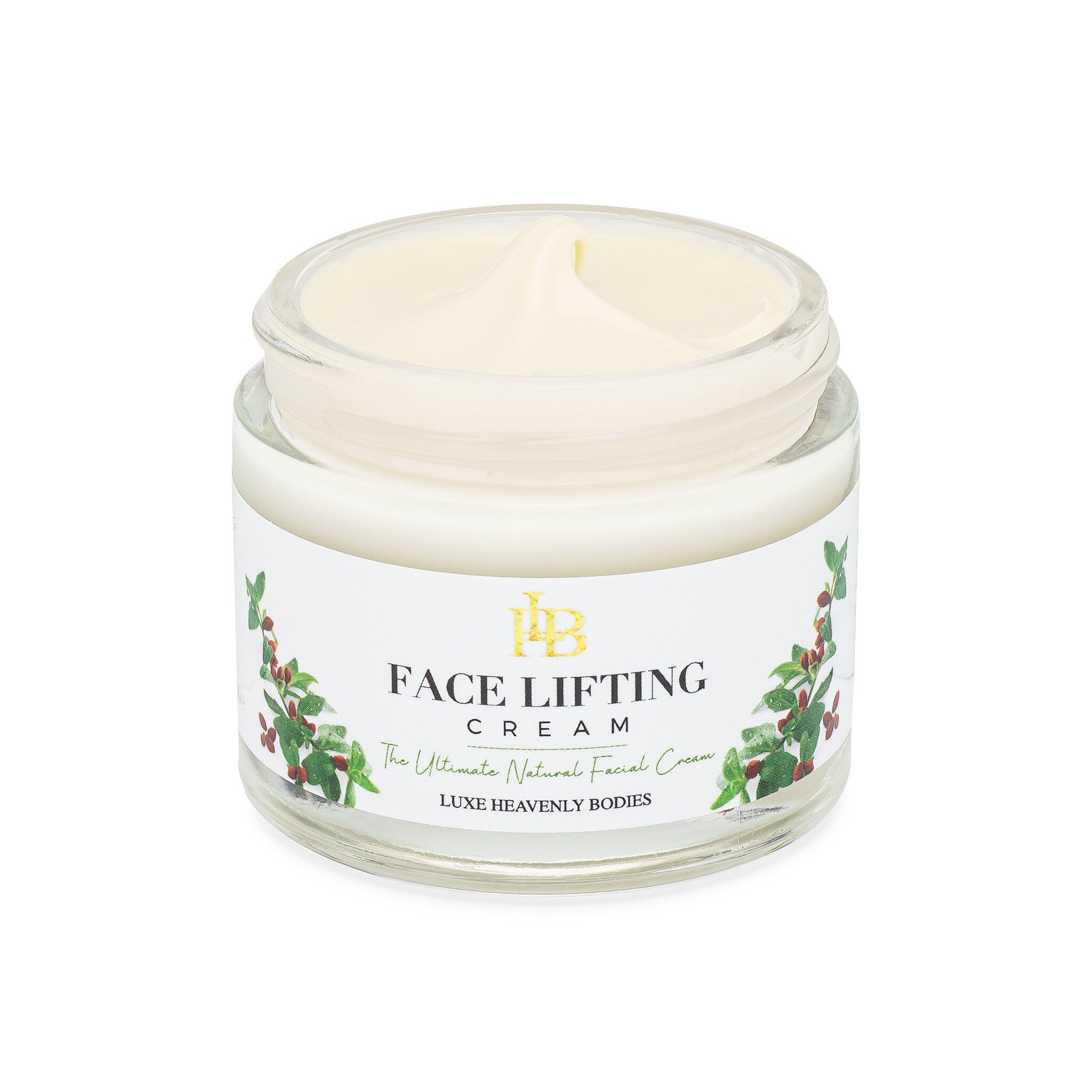 Face lifting cream in a glass jar with white cream, clear glass, and "Face Lifting Cream" label