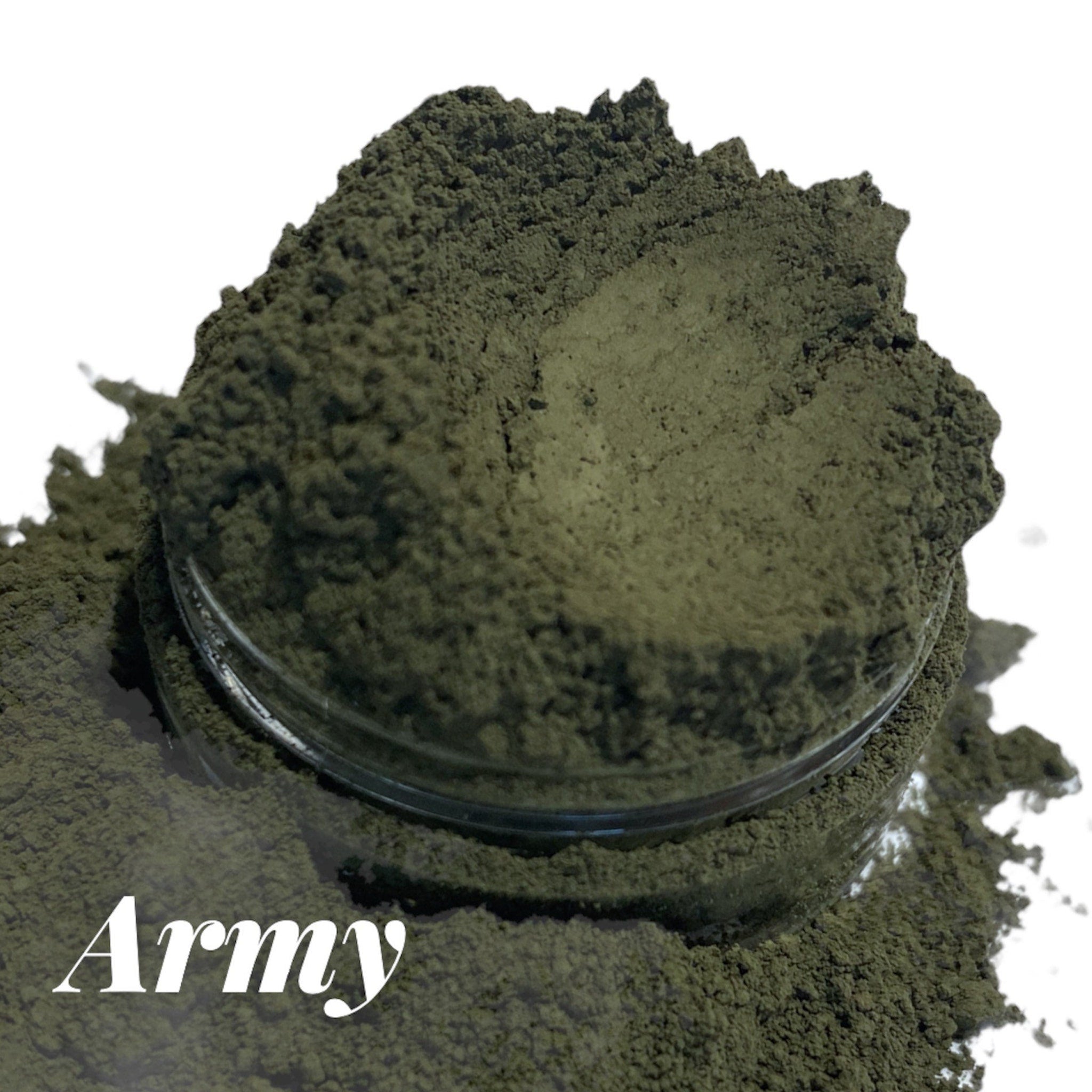 Close-up of matte olive gray mineral eyeshadow in compact with vegan and organic label