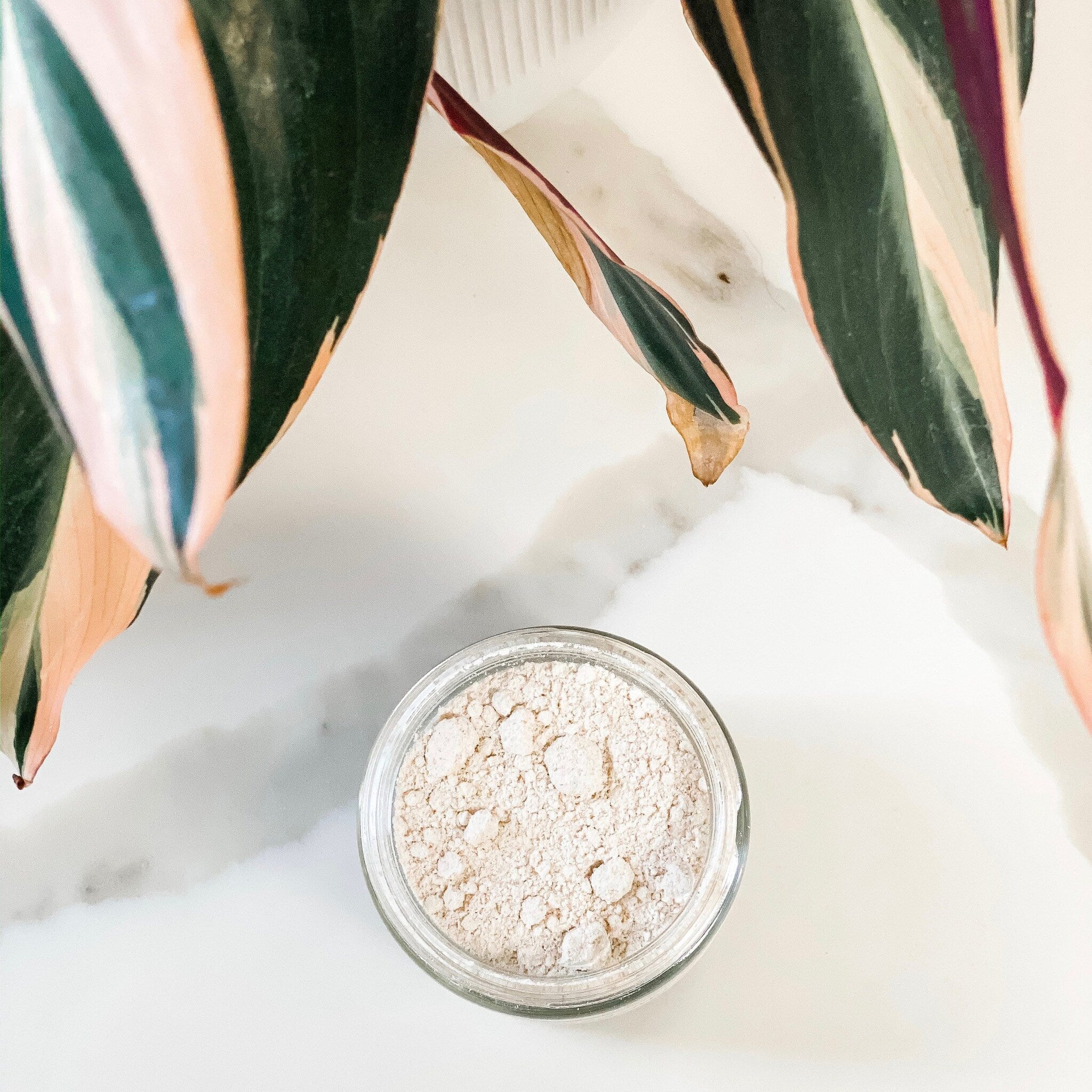 Powder in glass jar with light beige color, marble background, and green and pink plant leaves