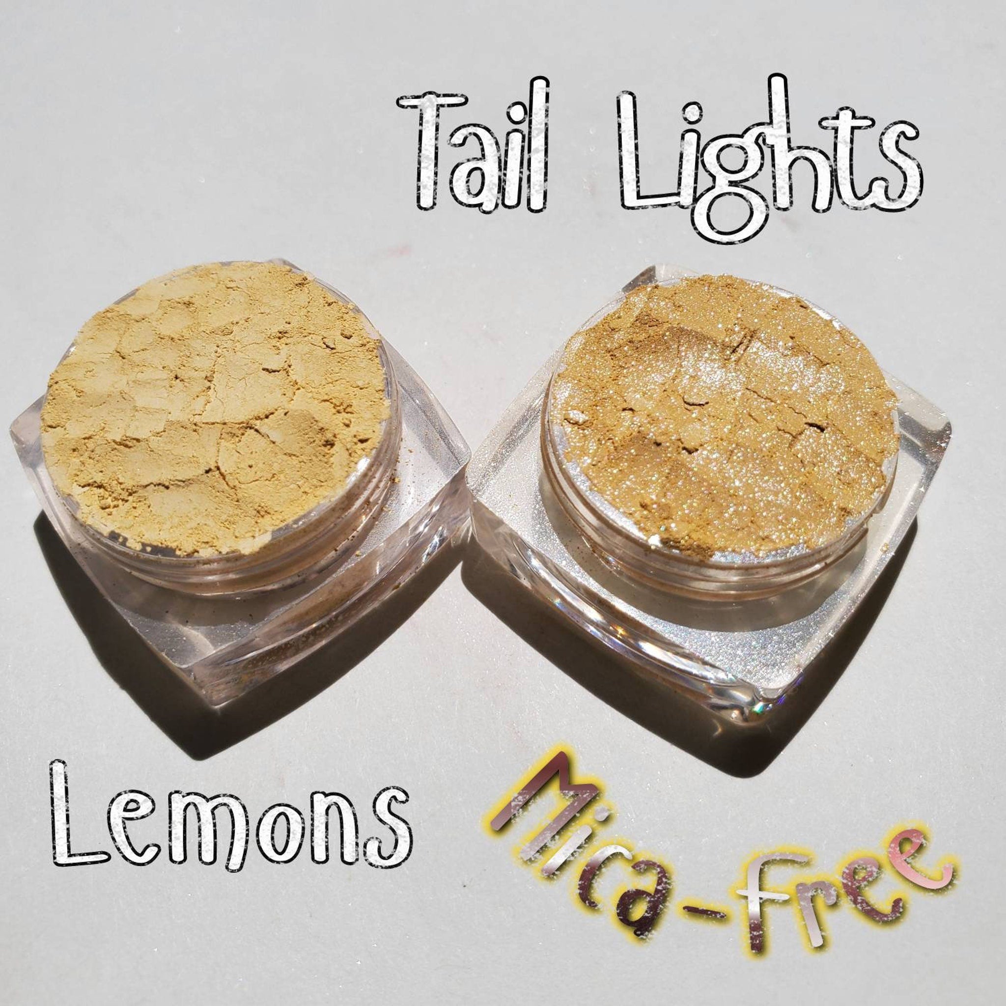 Side view of bright yellow matte mineral eyeshadow in loose pigment form with mica flecks, vegan and cruelty-free.