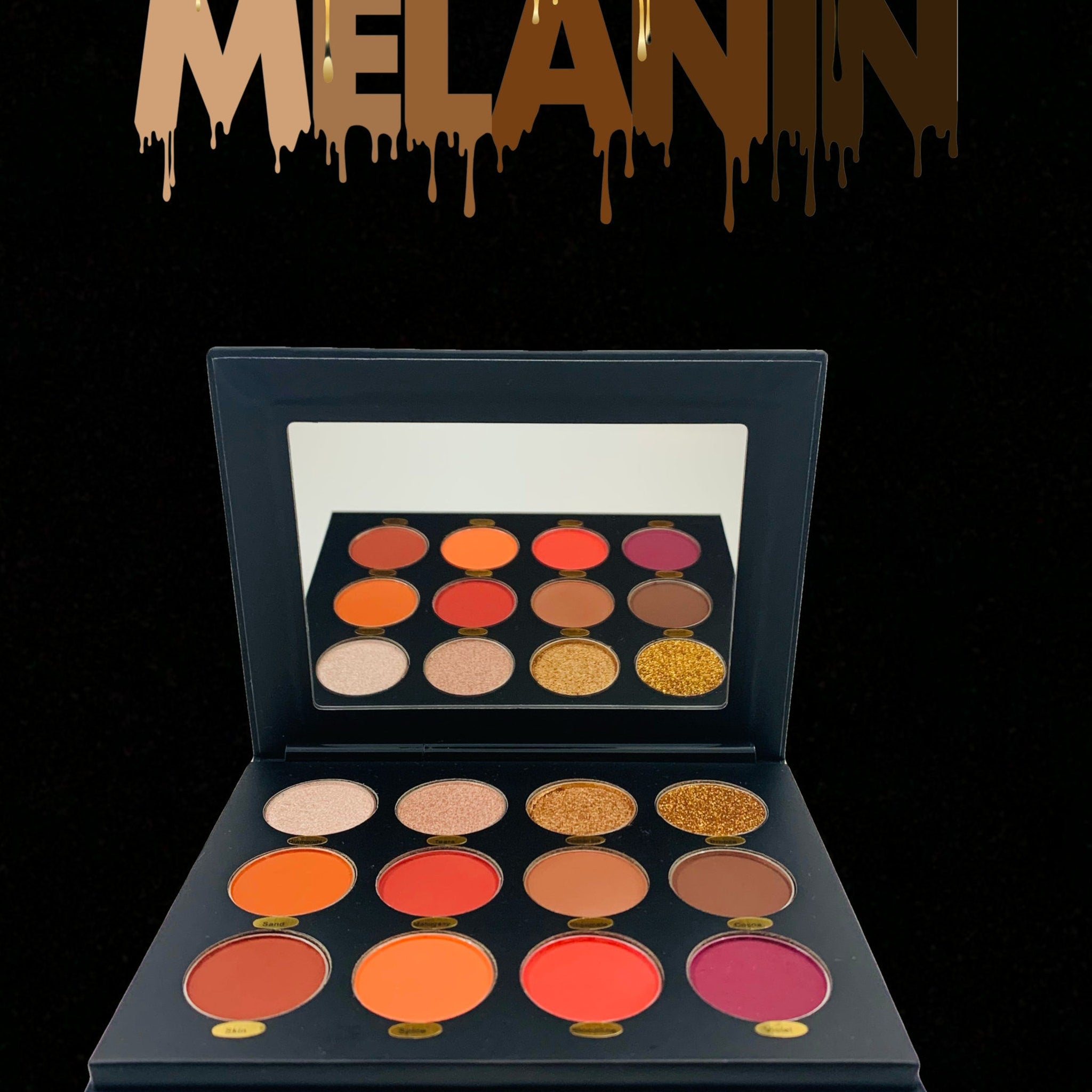Close-up of Melanin Eyeshadow Palette showing rich matte and shimmer shades in warm browns and golds