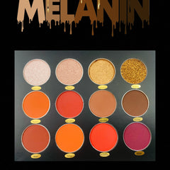 Melanin Eyeshadow Palette featuring 12 vibrant matte and shimmer shades in rich browns, golds, and deep purples