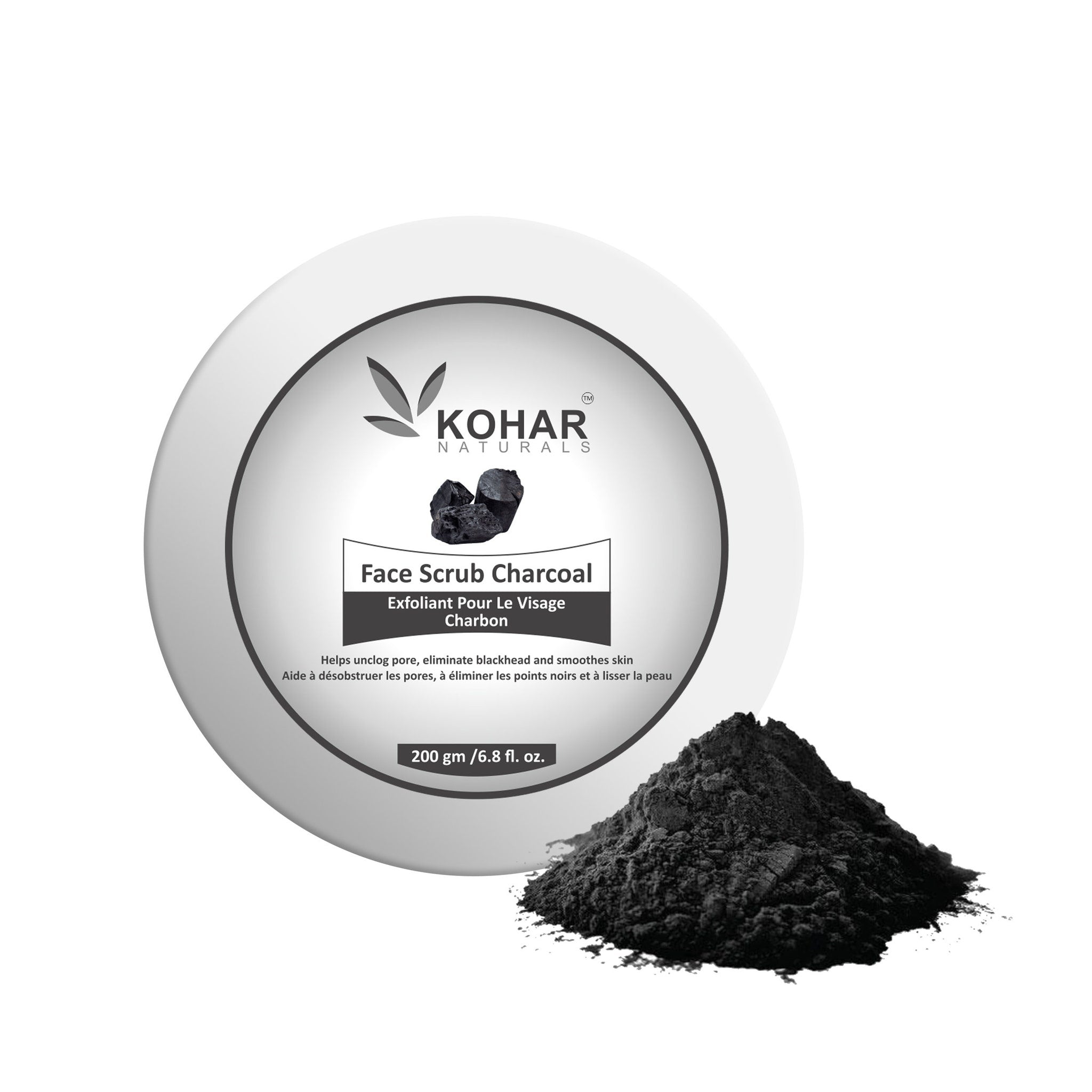 Face scrub charcoal in black powder form with white circular container, Kohar Naturals brand