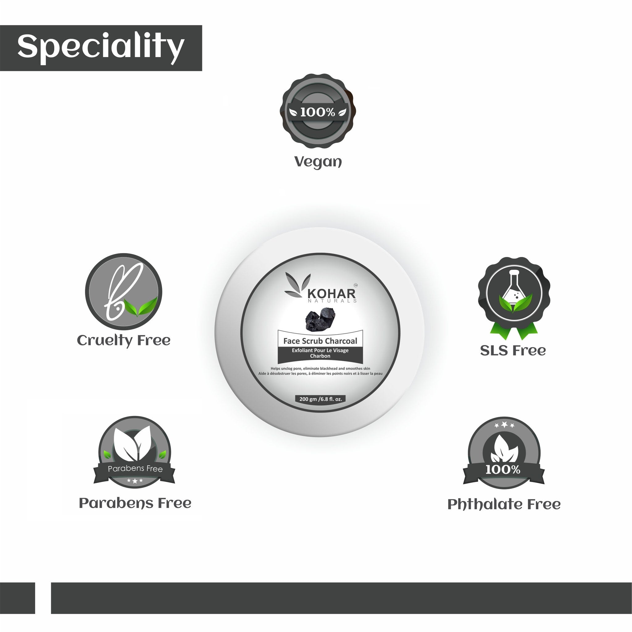 Vegan skincare product labels with gray and white circular badges and text "Cruelty Free" and "SLS Free