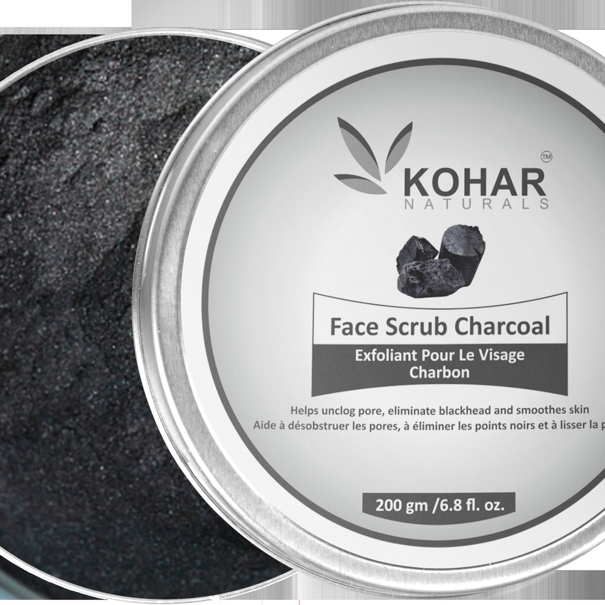 Face scrub charcoal in a silver container with black powder, KOHAR NATURALS branding visible
