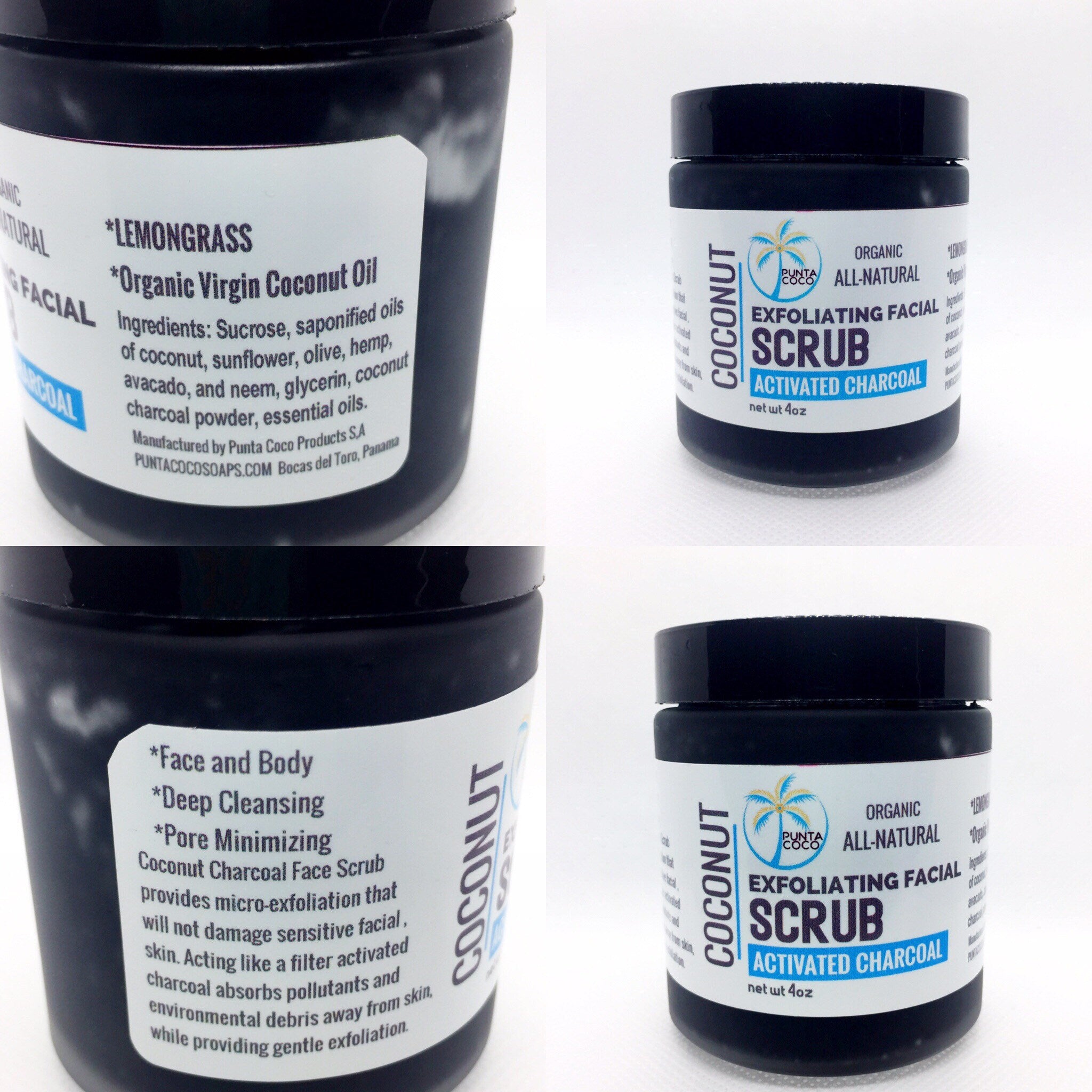 Exfoliating Facial Scrub with activated charcoal, black jar, white label with PUNTA COCO logo