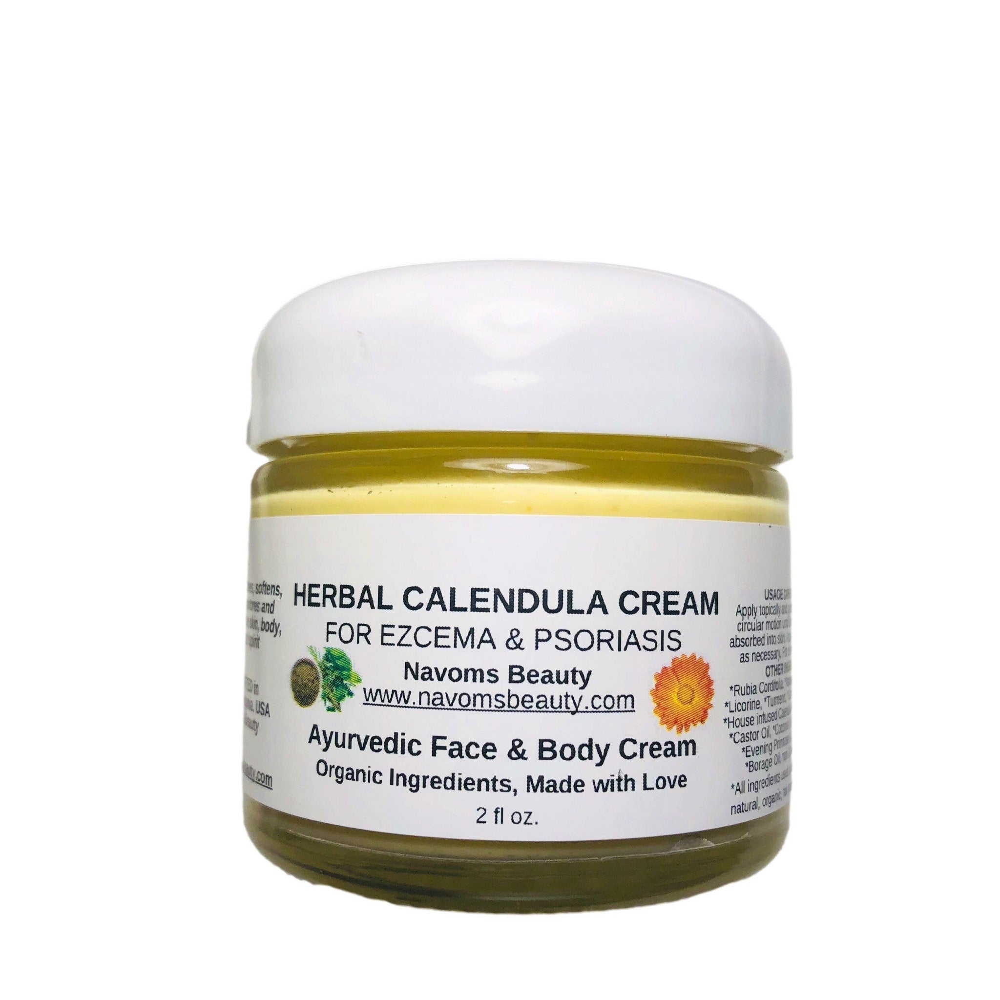 Herbal Calendula Cream jar with white lid, yellow cream, and Navoms Beauty label