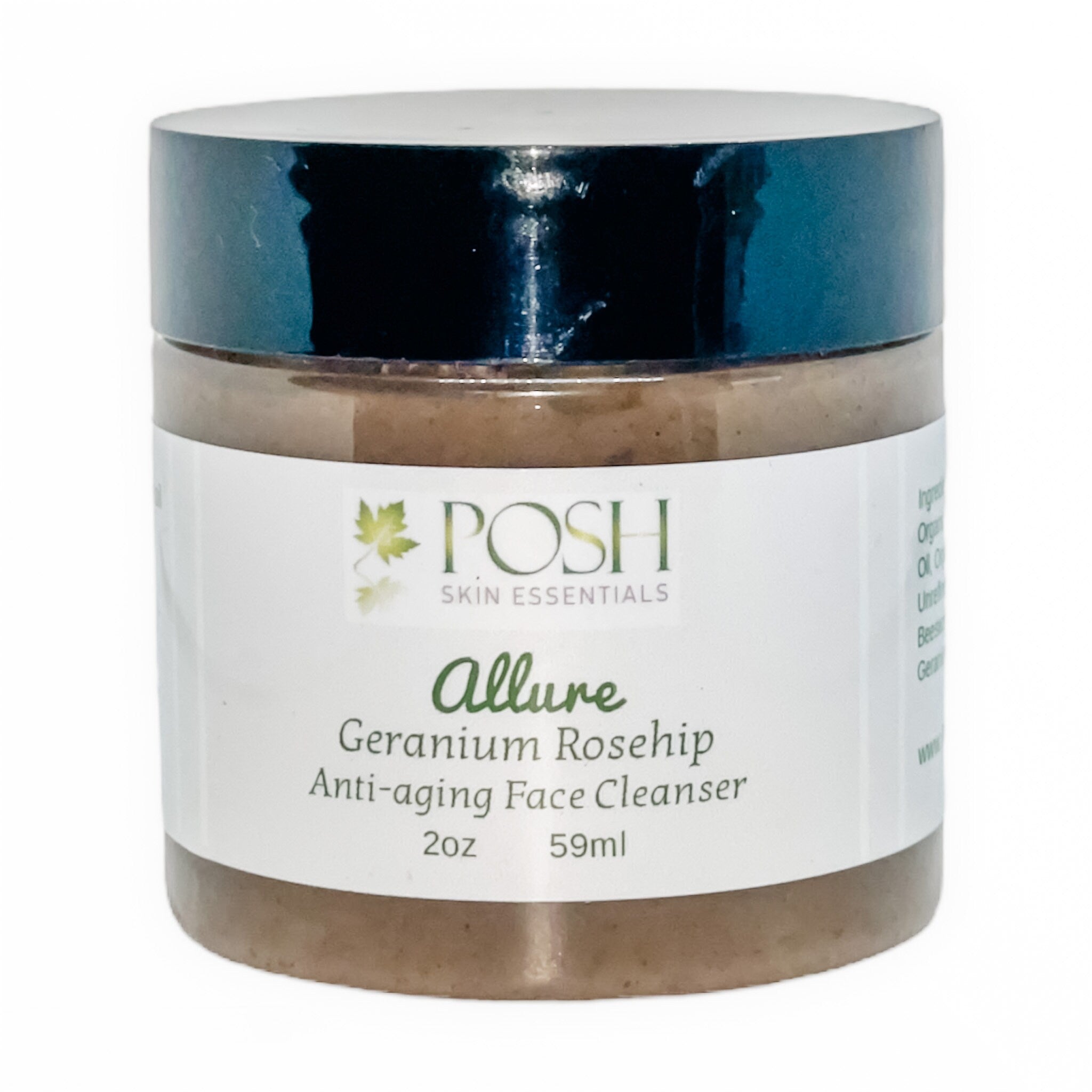 Face cleanser jar with blue lid, white label, and "POSH" branding visible