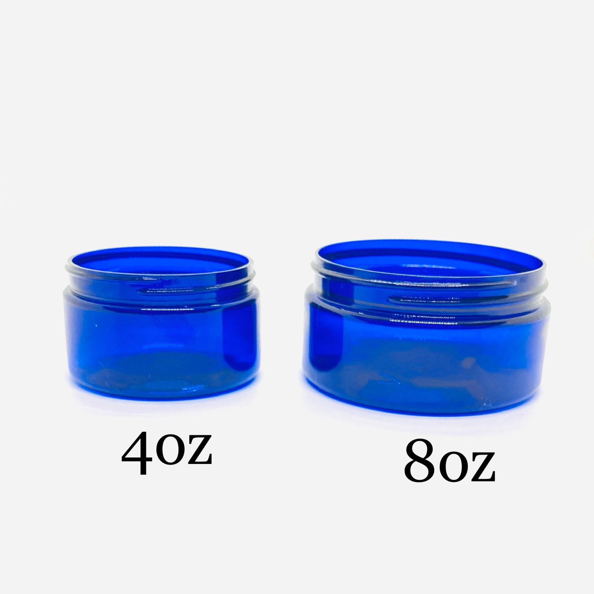 Blue glass jars, 4oz and 8oz, clear transparent containers for storage