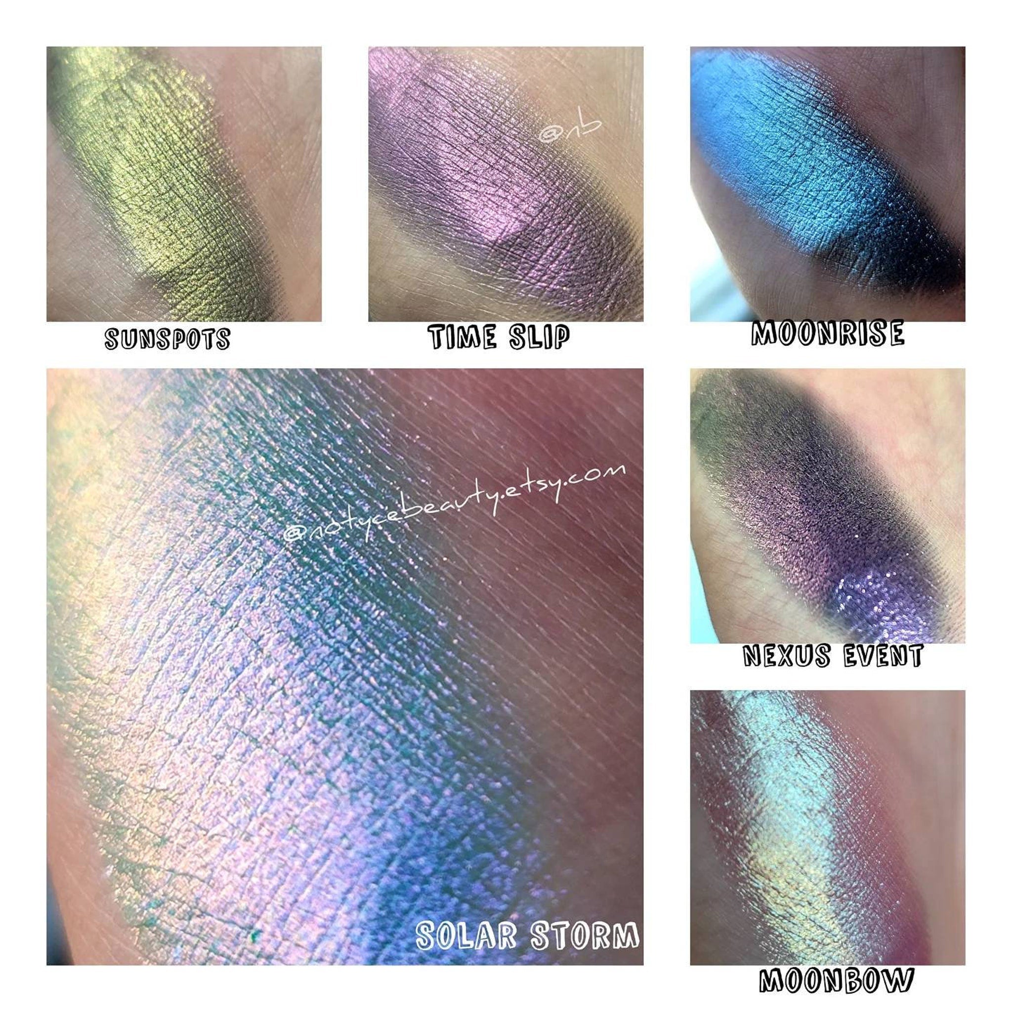 Open compact showcasing Moonrise Chameleon multichrome eye shadow with icy blue to grey shift and sparkling shimmer particles.
