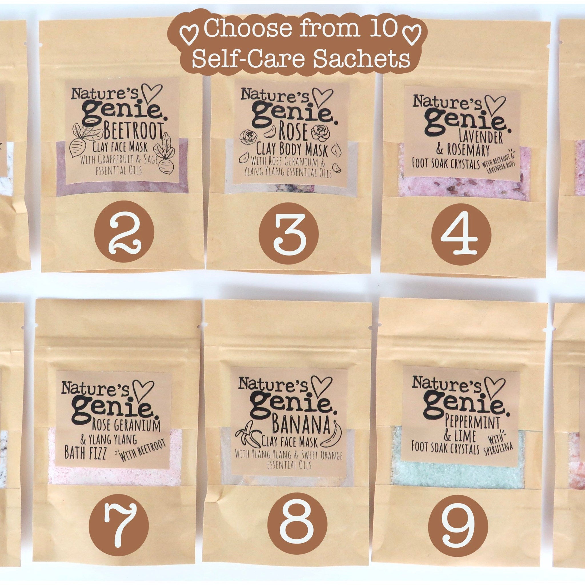 Self-care sachets, brown paper pouches with printed labels, various colors of contents, Nature's Genie brand
