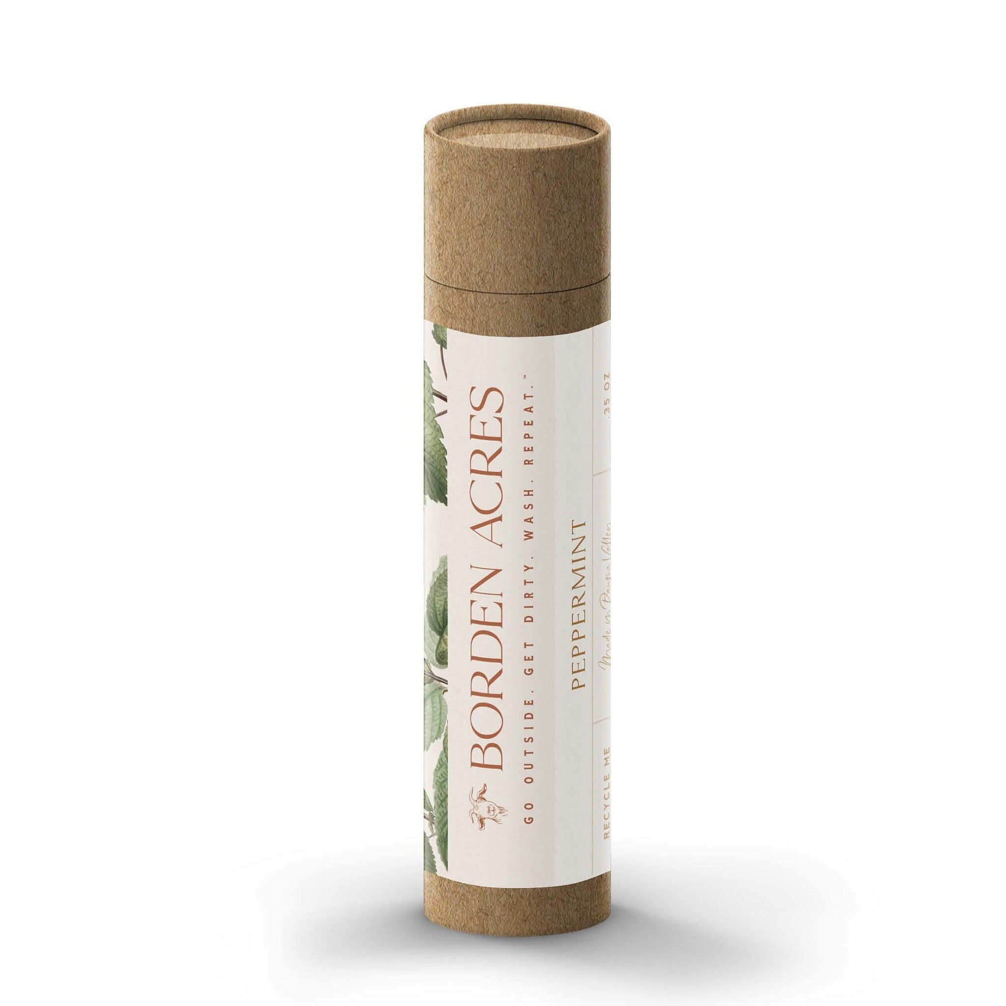 Peppermint tube with brown paper material and Borden Acres label with green leaf pattern
