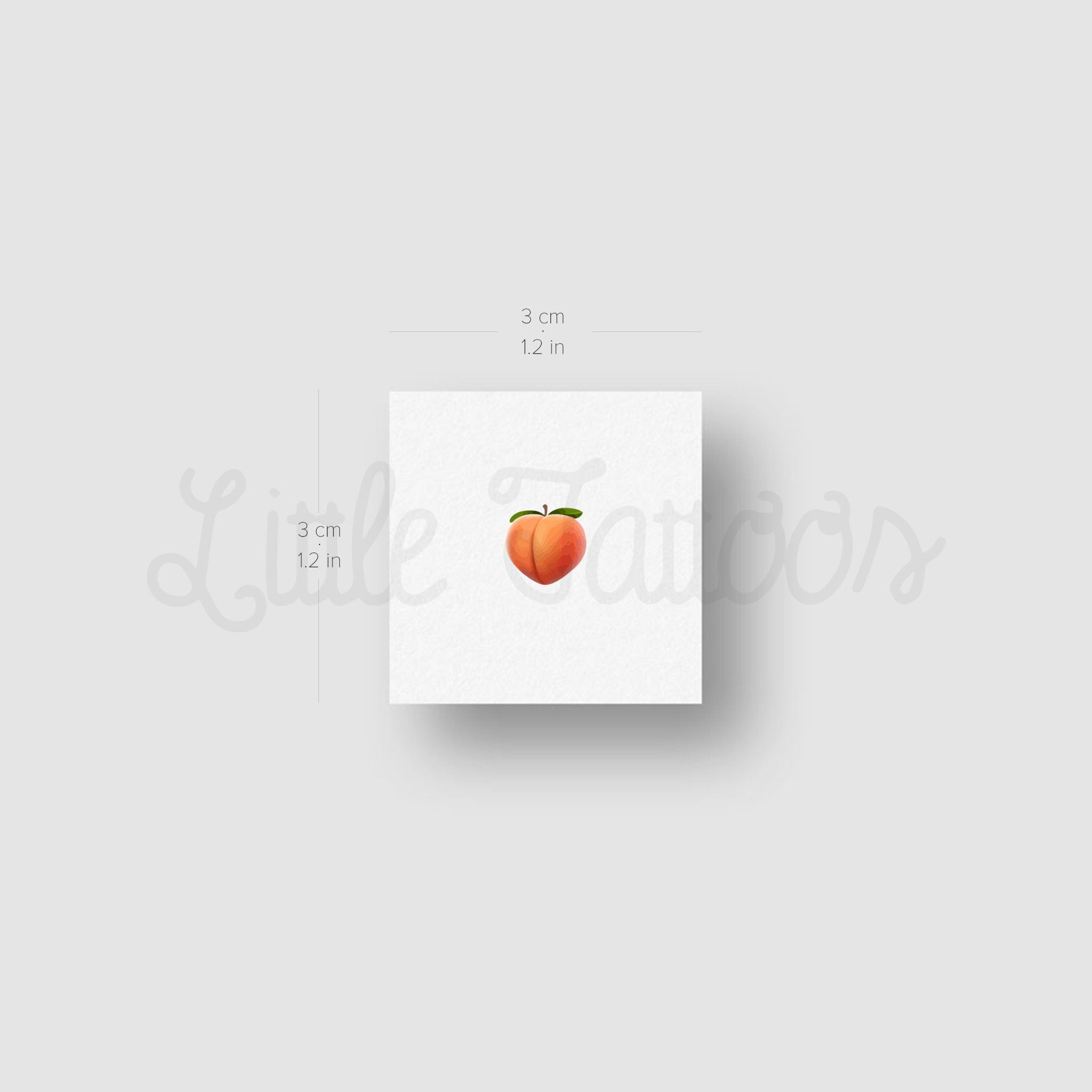 Peach tattoo, orange fruit design, green leaf, on white square background, Little Tattoos brand