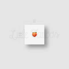 Peach tattoo, orange fruit design, green leaf, on white square background, Little Tattoos brand