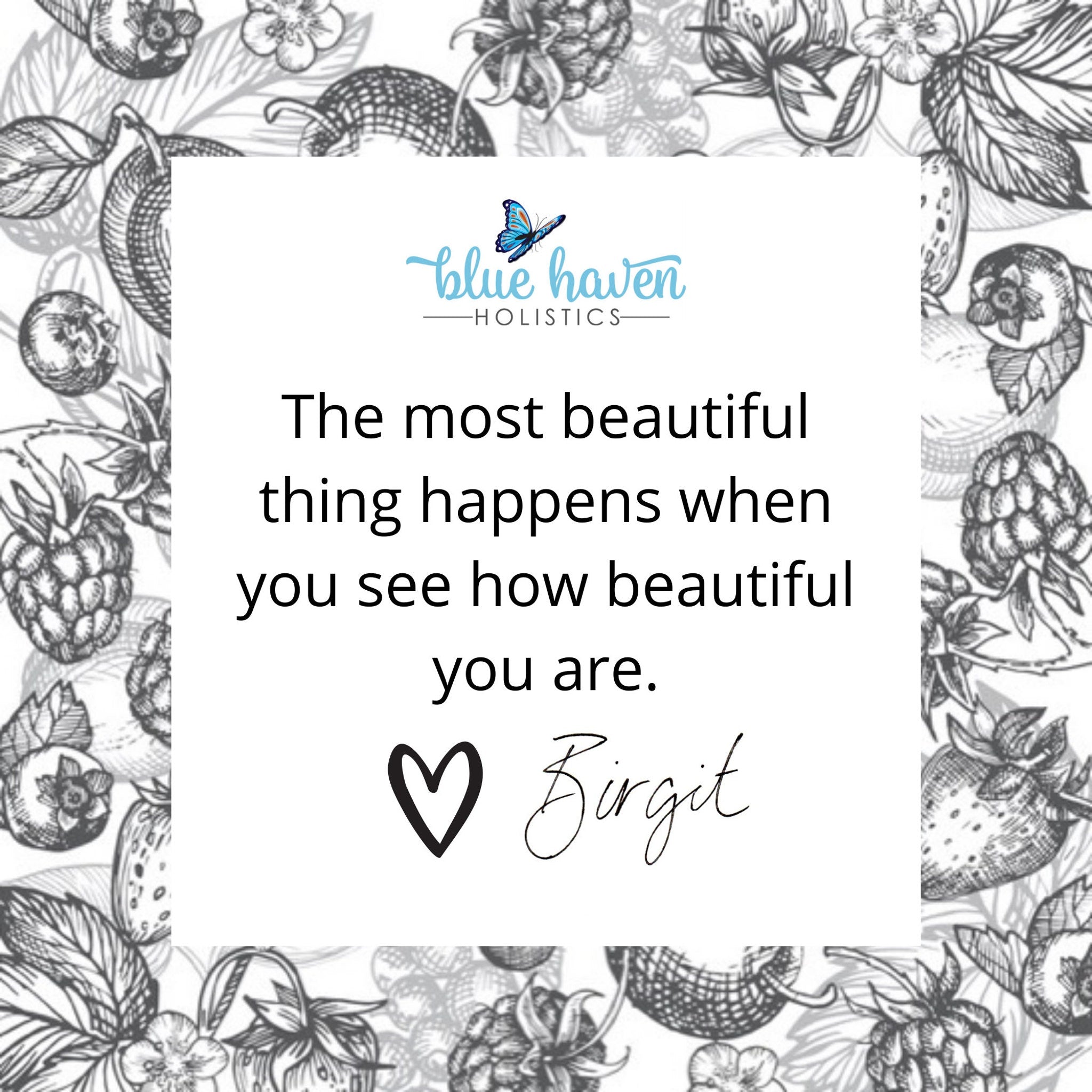 Blue Haven logo with butterfly, white text on white background, floral pattern border