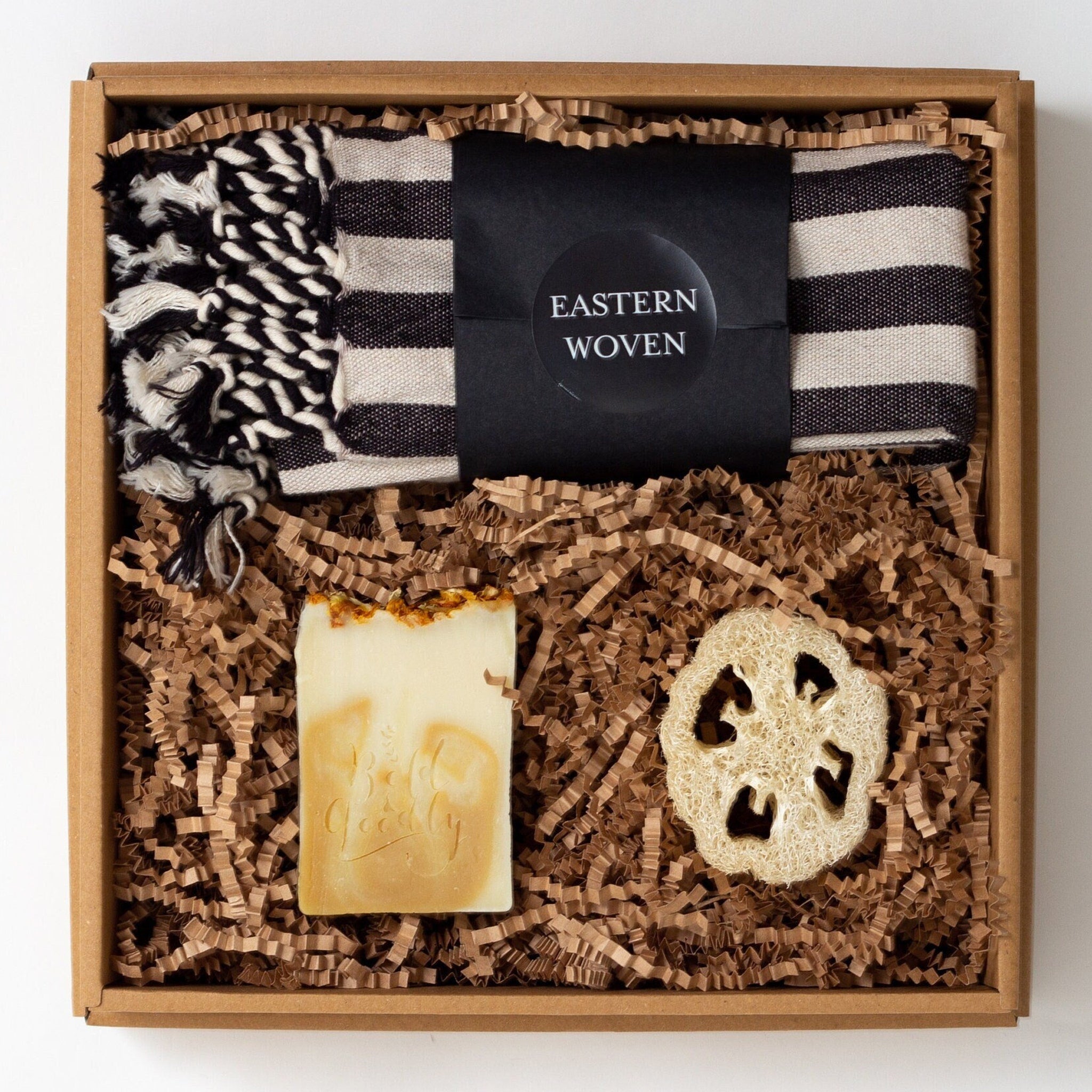 Hand Towels Box Gift Set with black and white striped towels, Eastern Woven brand, in a gift box with soap and loofah