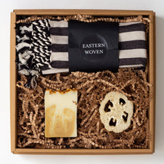 Hand Towels Box Gift Set with black and white striped towels, Eastern Woven brand, in a gift box with soap and loofah