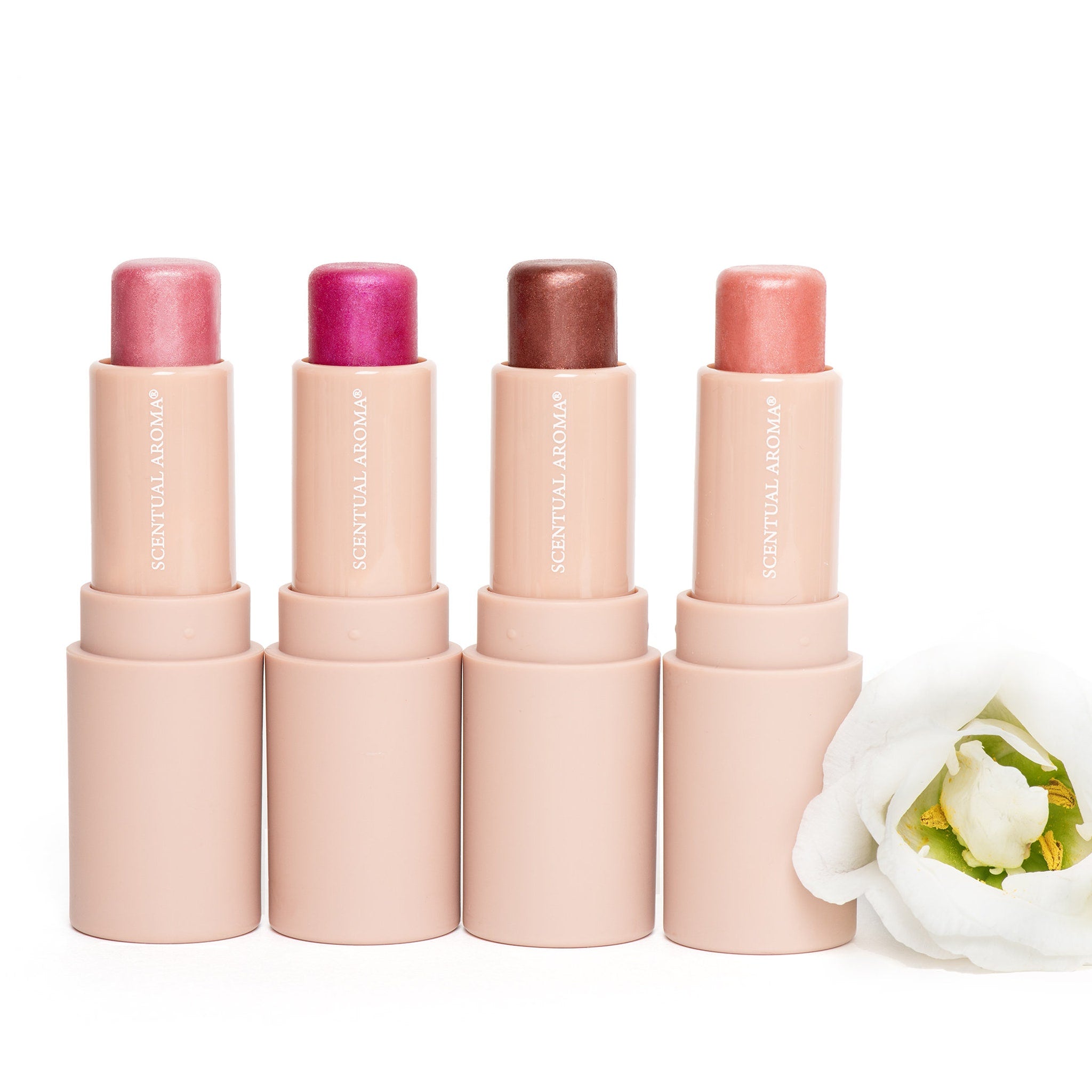 Lipstick tubes in various shades of pink, brown, and peach with "SCENTUAL AROMA" text on the tubes, white flower nearby