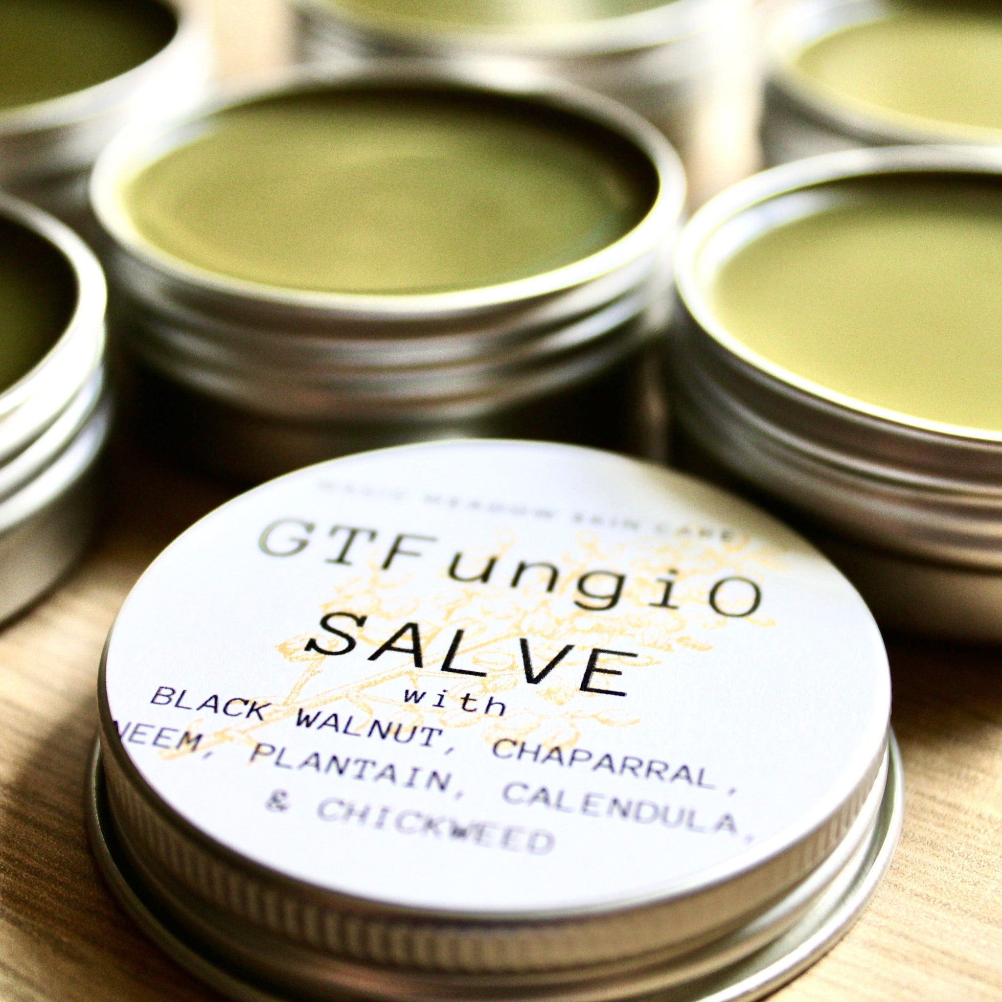 Salve tins with green balm and silver metal containers, GTFungi0 label visible