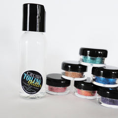 Side view of iridescent white glitter eyeshadow in a small round jar with silver lid, showcasing sparkle texture