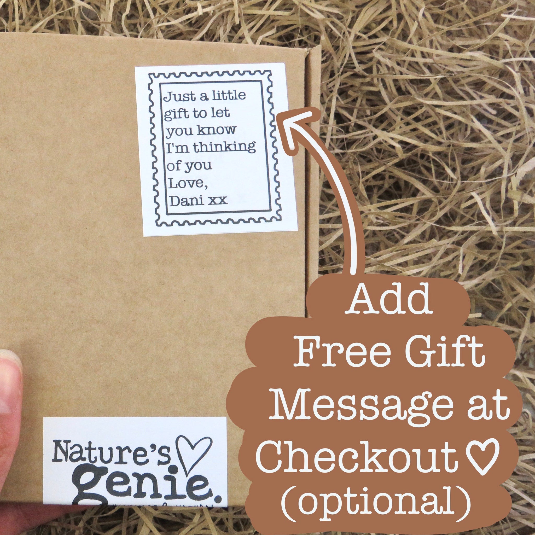 Nature's Genie box with white label, brown cardboard, and text message for gift giving