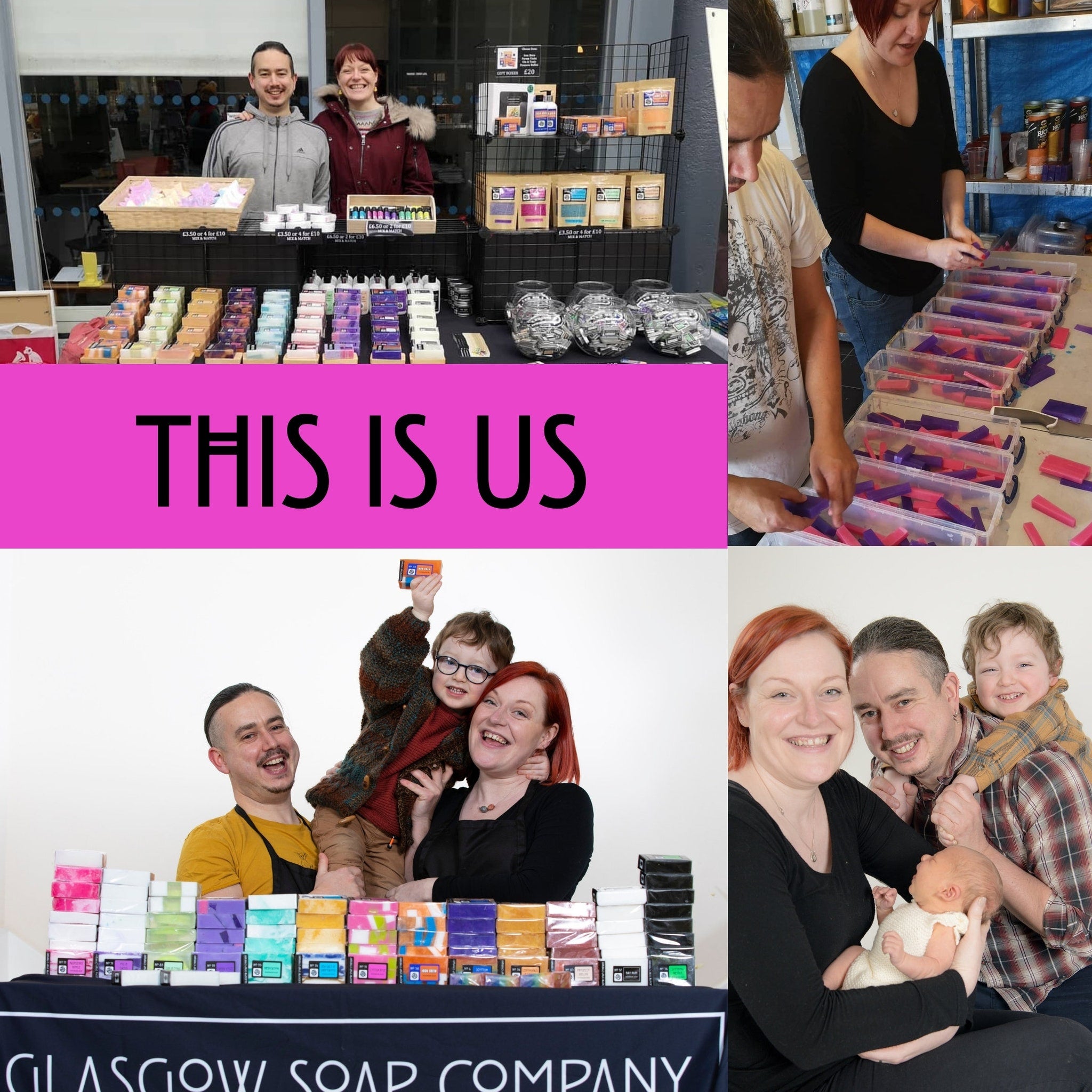 Glasgow Soap Company display with colorful soaps, people, and text banner